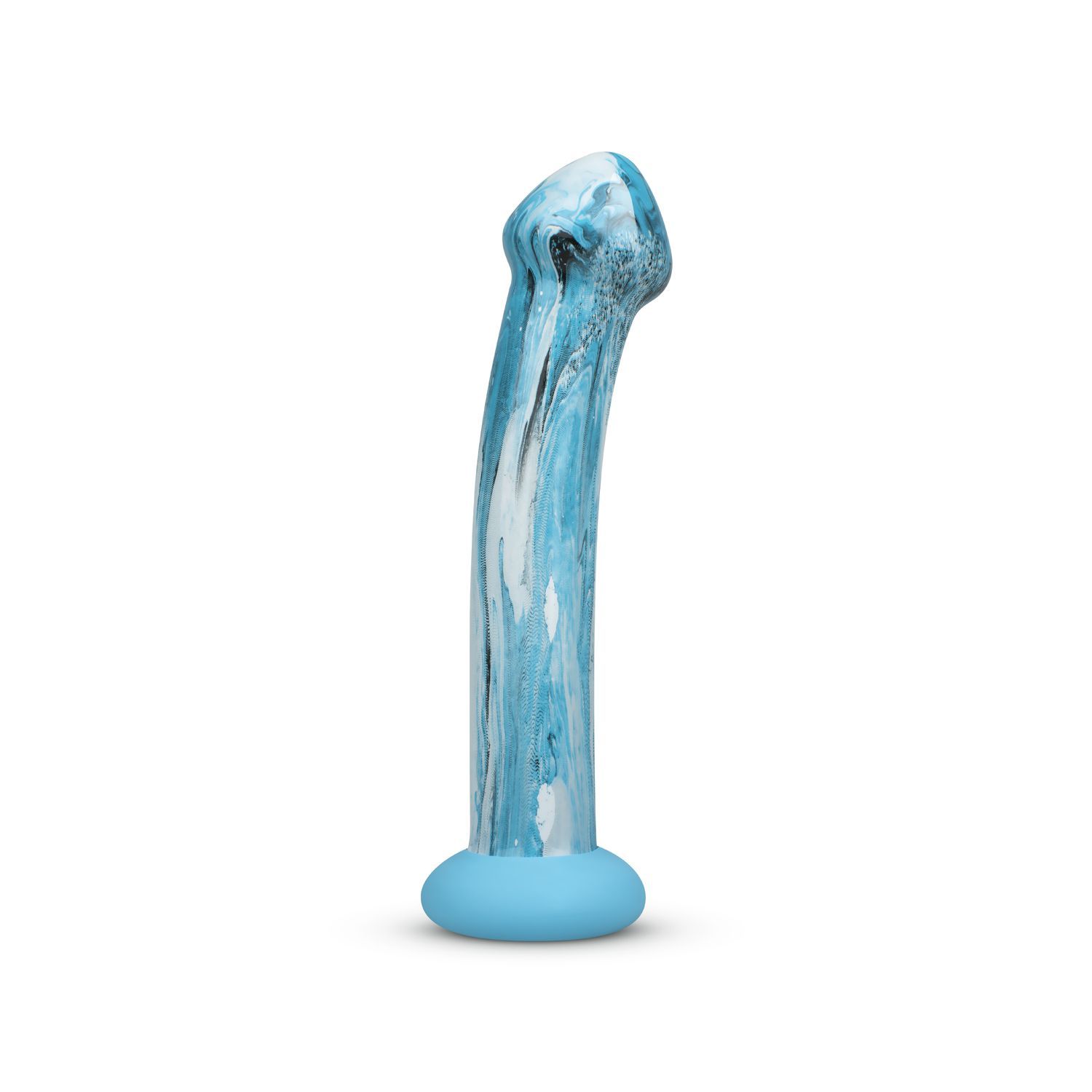 Blau-weißer Glasdildo mit gebogener Form und blauem Sockel. Wellenmuster.