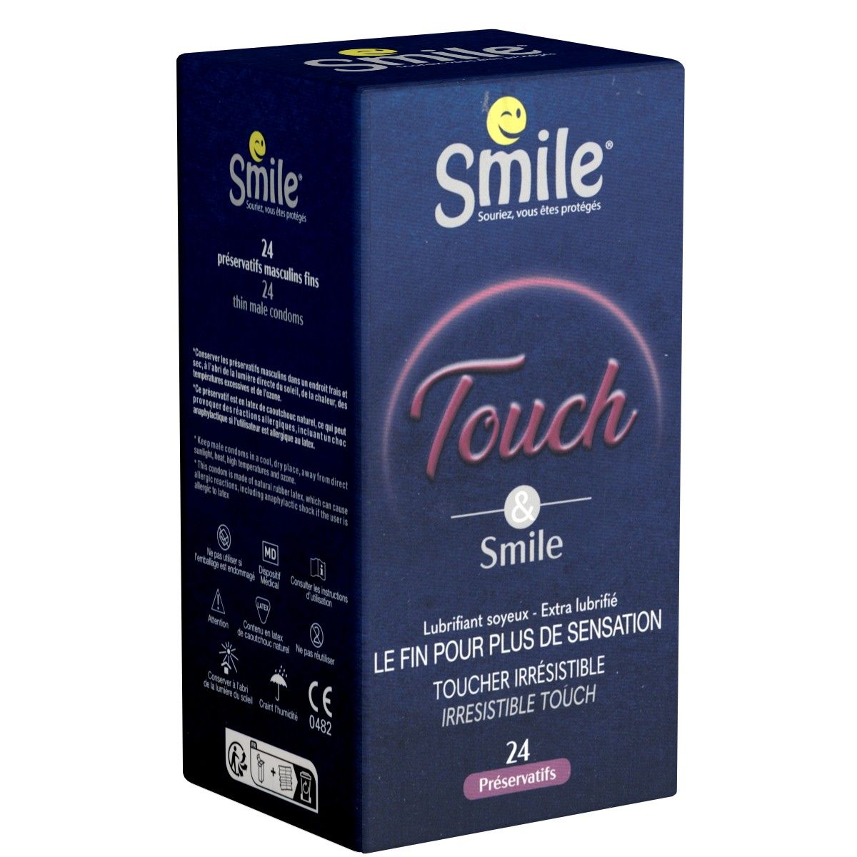 Dunkelblaue Schachtel mit Produktnamen Smile Touch & Smile. Enthält 24 Kondome. Text: Irresistible Touch, Extra lubrifié, CE-Zeichen.