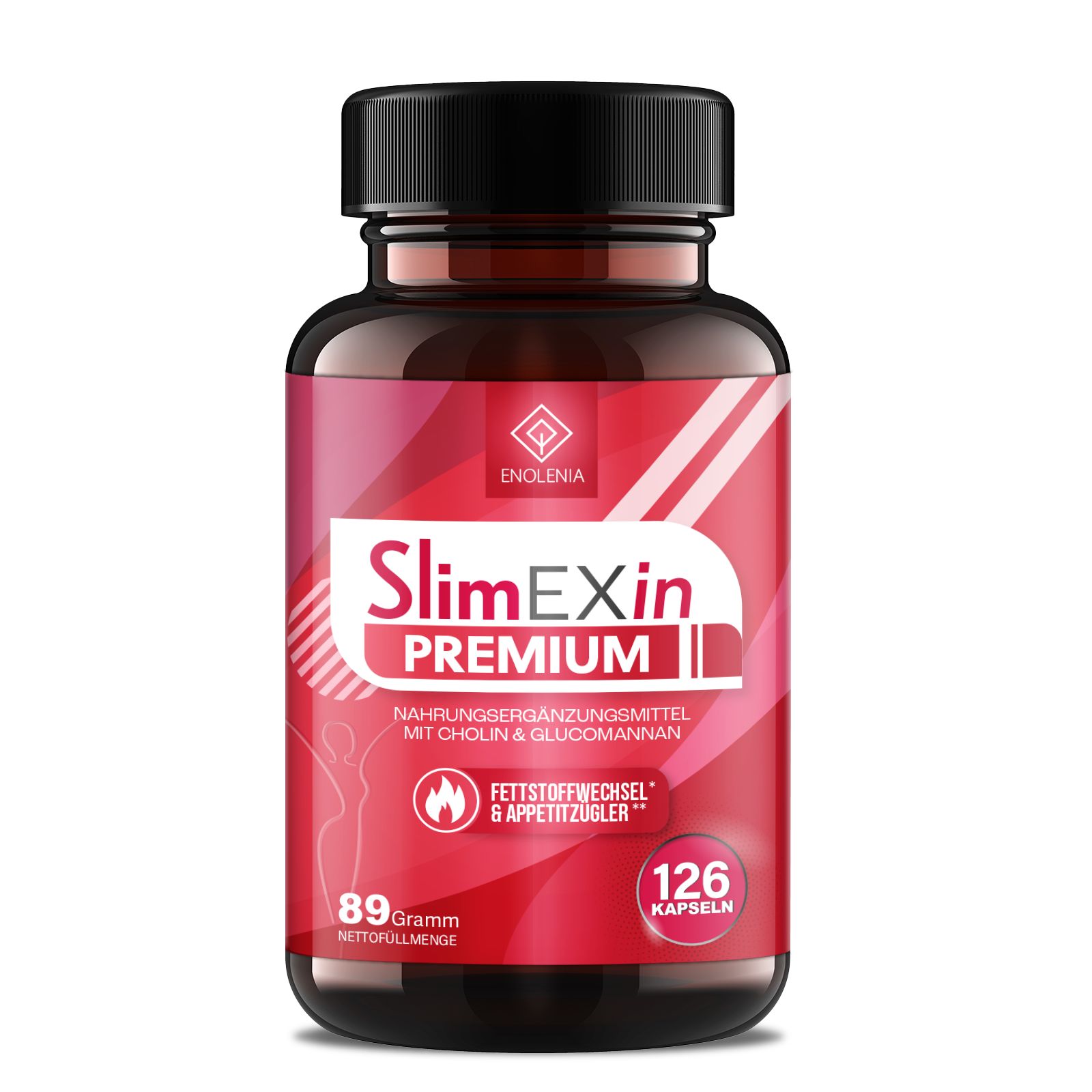 Braune Flasche mit rotem Etikett. Aufschrift: SlimEXin Premium, 126 Kapseln. Enthält Cholin & Glucomannan.