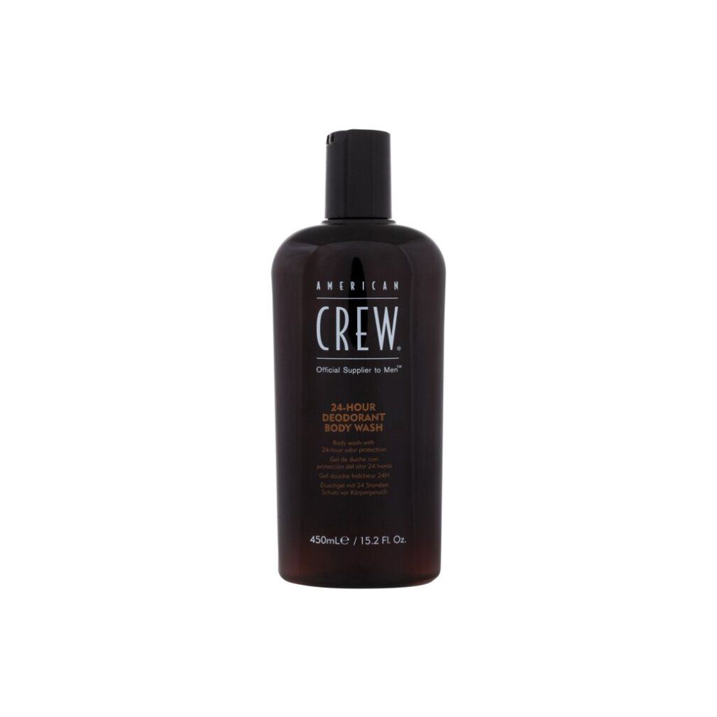 Braune Flasche mit schwarzem Deckel. Aufschrift: AMERICAN CREW, 24-HOUR DEODORANT BODY WASH. Volumen: 450ml/15.2 Fl. Oz.