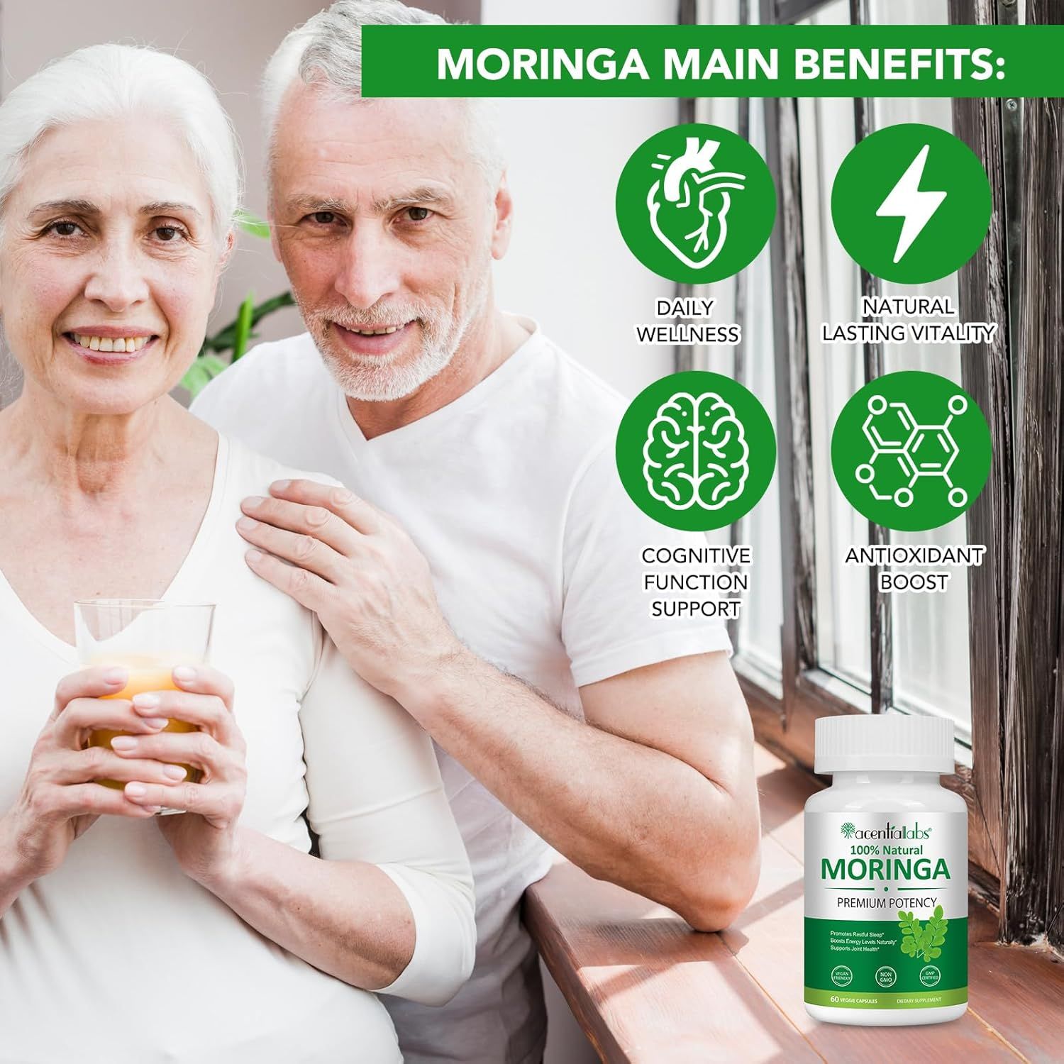 Zoxpm Moringa Kapseln: Flasche neben älterem Paar, mit Symbolen für tägliches Wohlbefinden und kognitive Unterstützung.