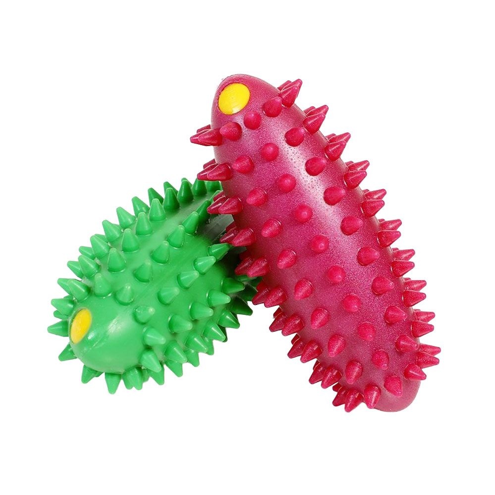Zwei stachelige Fitnessbälle, rot und grün, überlappend. Gelbe Akzente an den Enden. Auf weißem Hintergrund.
