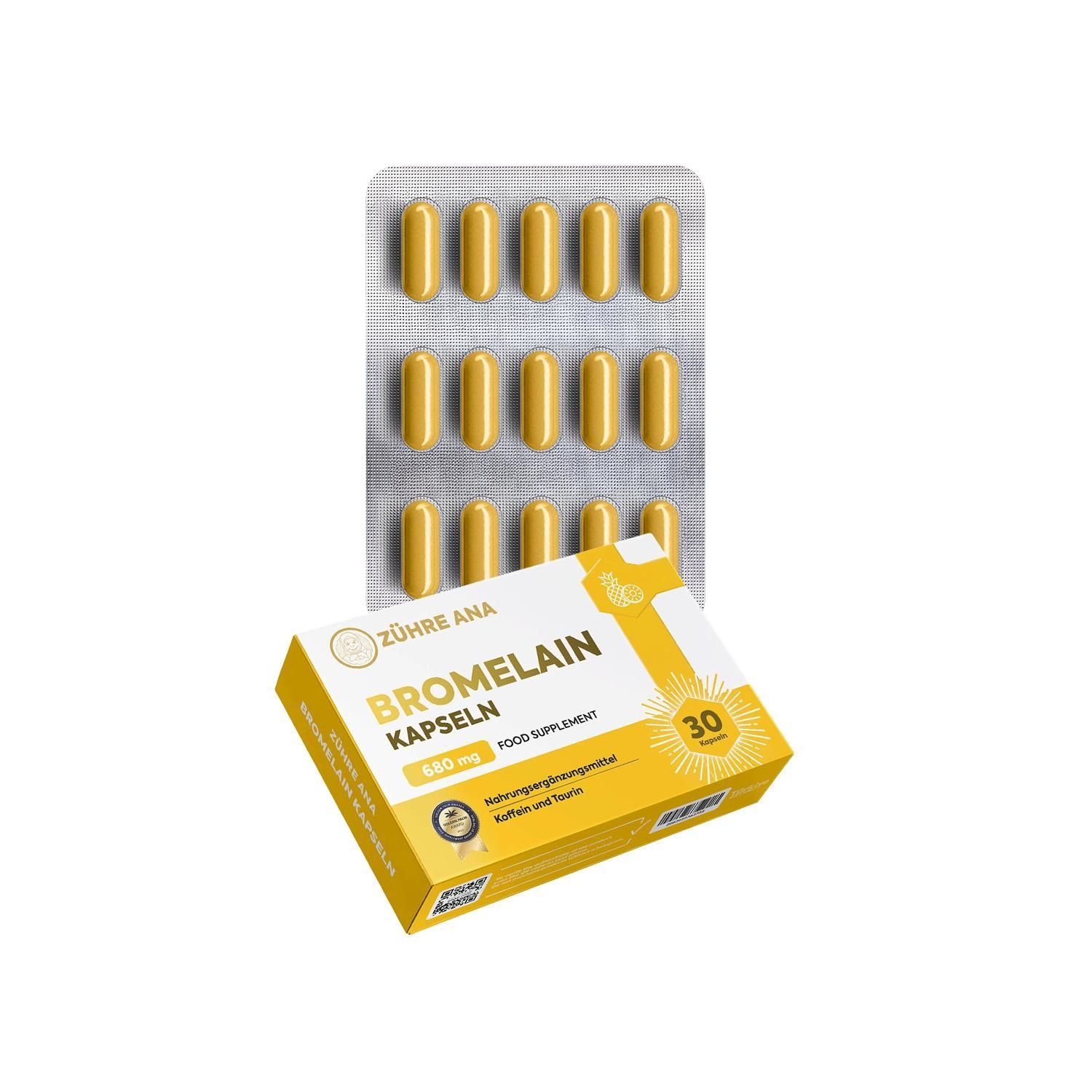 Verpackung mit 30 Bromelain-Kapseln, 660 mg pro Kapsel. Gelbe Kapseln in Blisterpackung und Karton.