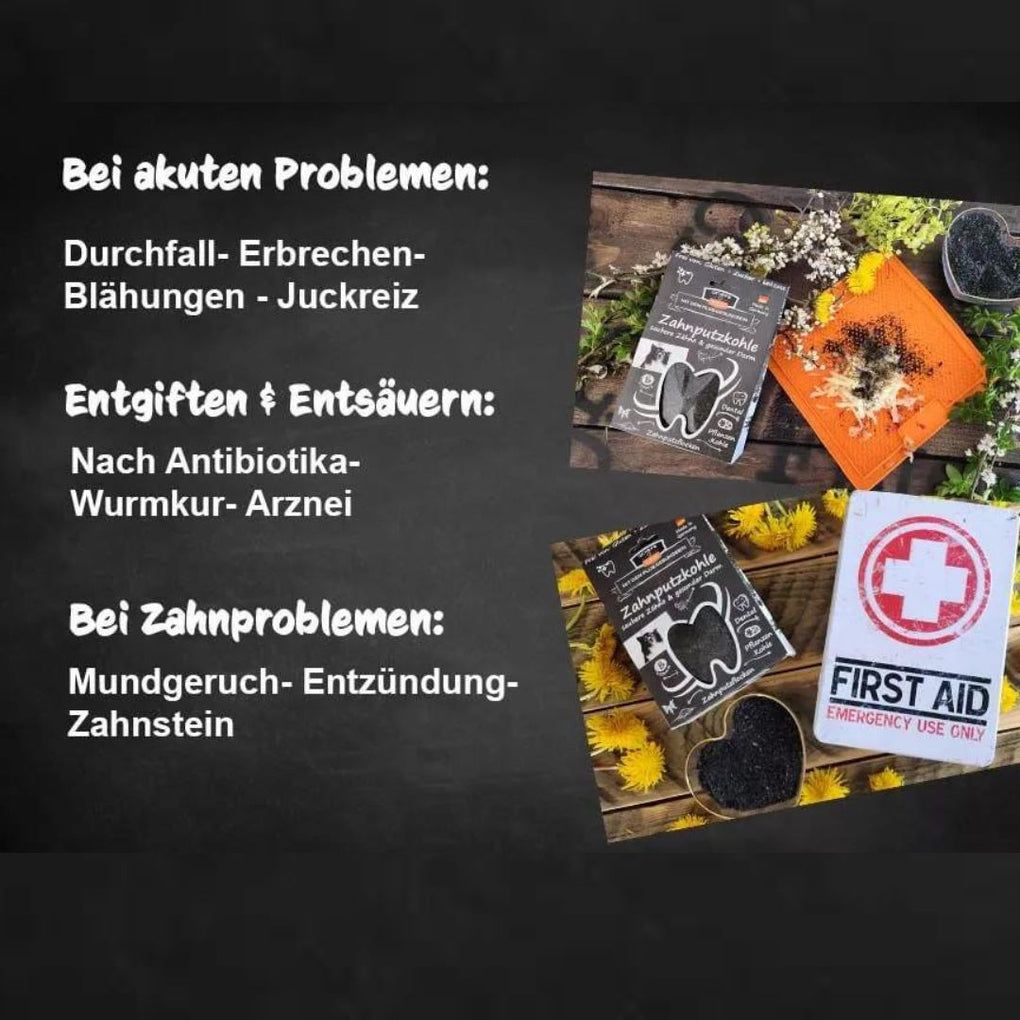 Produktabbildungen: QCHEFS Zahnputzkohle. Bei akuten Problemen, Entgiften & Entsäuern, Bei Zahnproblemen. Erste-Hilfe-Box, Herz, Produktverpackung.