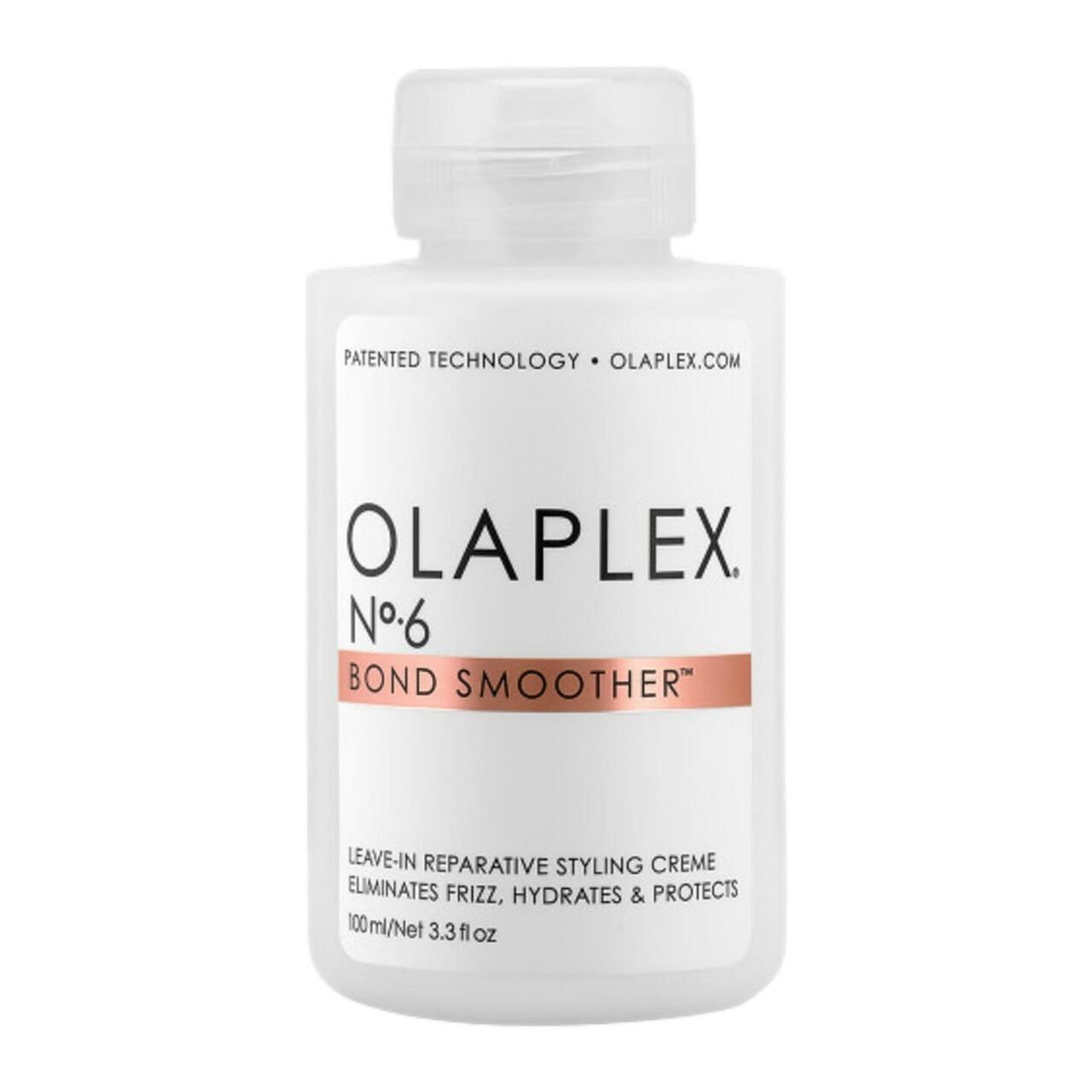 Weiße Flasche mit Text. Olaplex No.6 Bond Smoother. Text: Leave-in Reparative Styling Creme. Eliminiert Frizz, hydratisiert und schützt.
