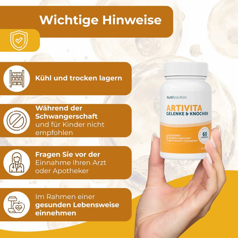 Hand hält Flasche mit Kapseln. Aufschrift: ARTI+VITA Gelenke & Knochen. Text: Wichtige Hinweise. Kühl und trocken lagern.