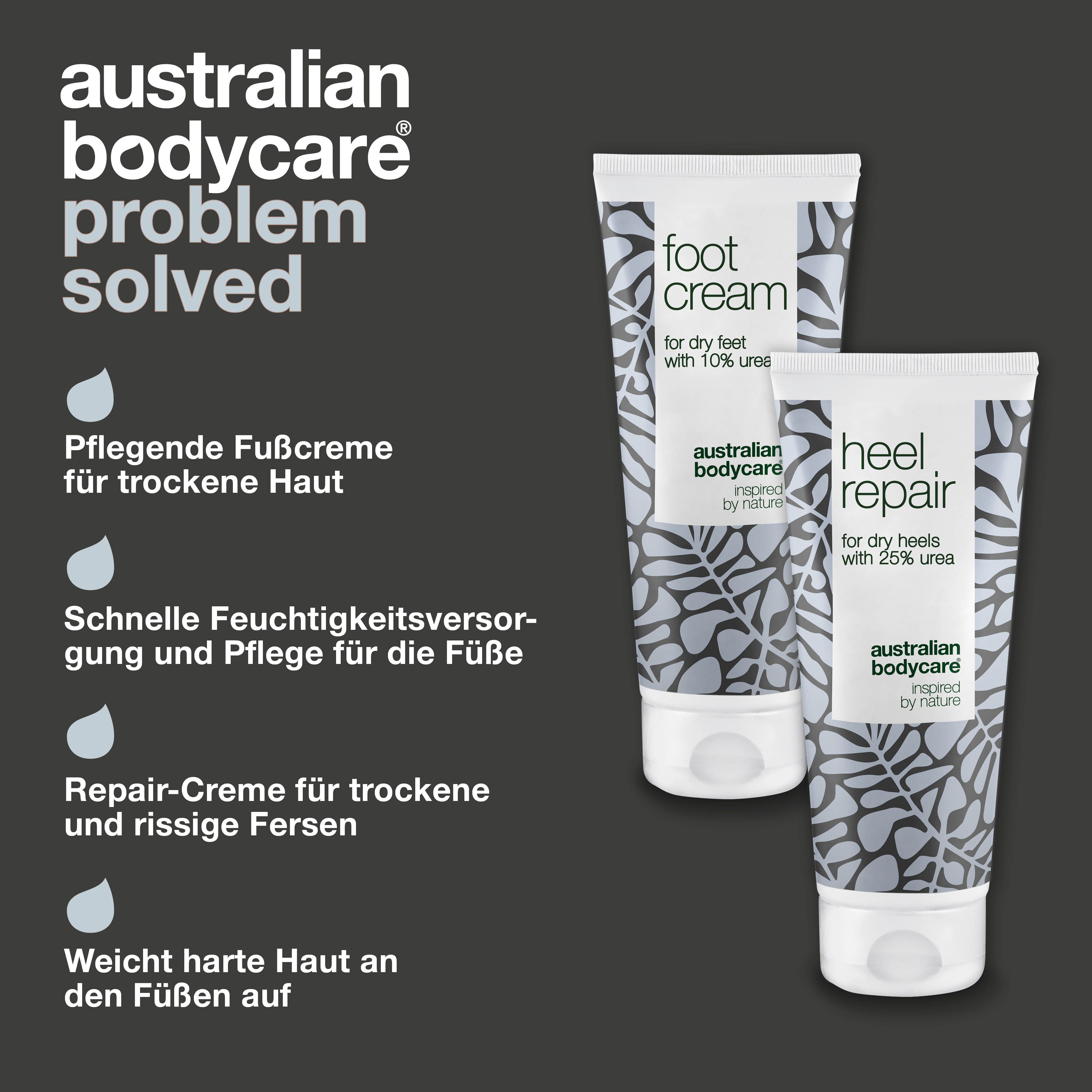 Zwei Tuben Fußcreme und Fersenreparatur. Text: Problem solved. Produktinformationen und Logos.
