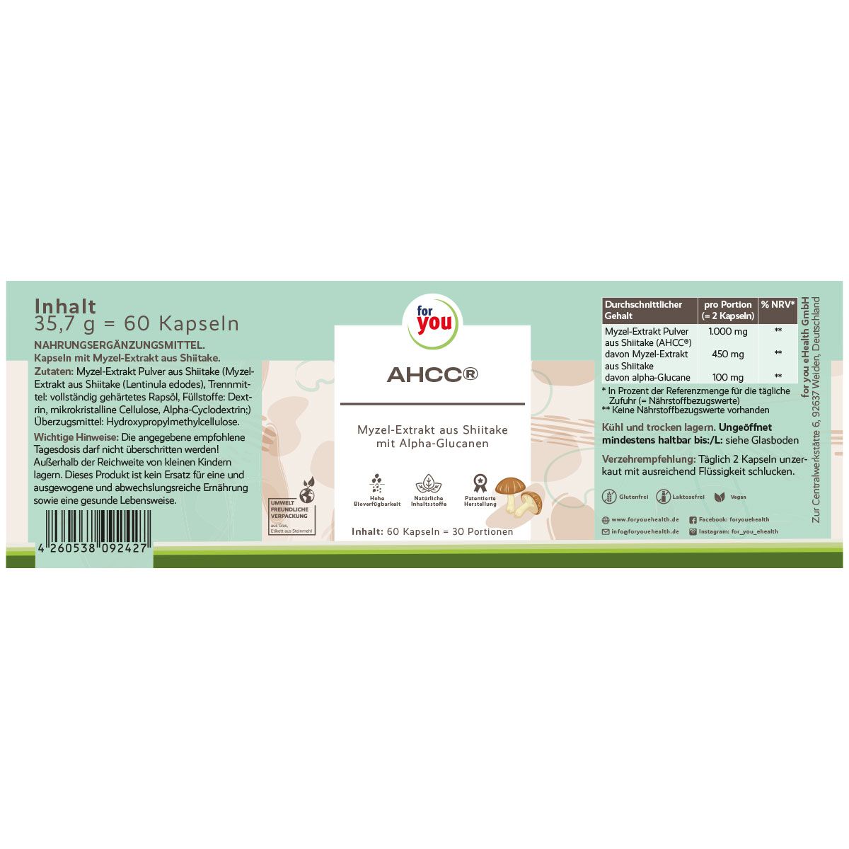 Verpackung mit AHCC®-Produkt. Aufschrift: "for you", AHCC®, 60 Kapseln. Informationen zu Inhaltsstoffen und Dosierung.