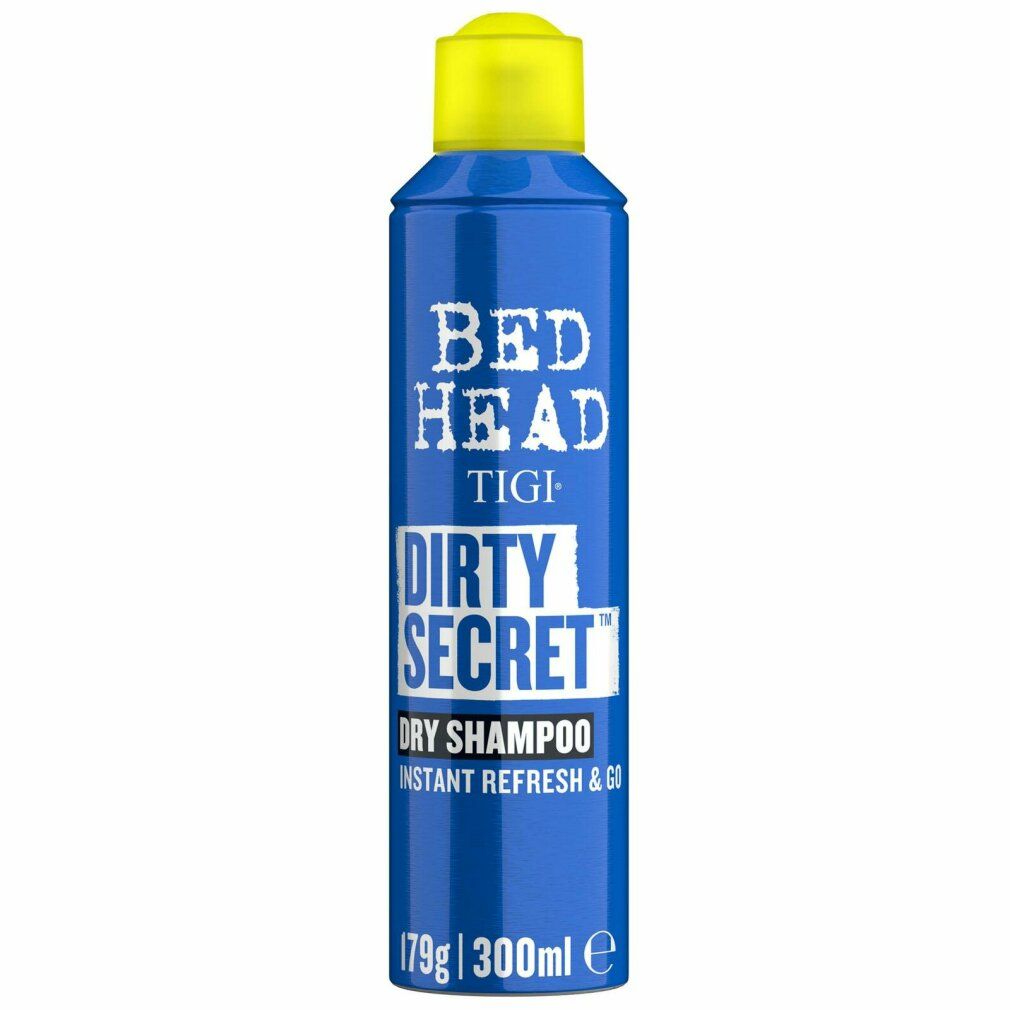 Blaue Sprühflasche mit gelbem Deckel. Aufschrift: Bed Head TIGI Dirty Secret Dry Shampoo. Gewicht und Volumen angegeben.