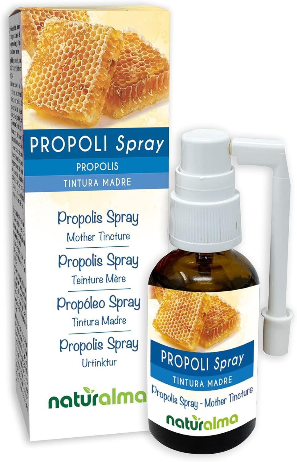 Propolis Spray Flasche und Verpackung. Text: PROPOLI Spray, Propolis, Tintura Madre. Logo Naturalma.