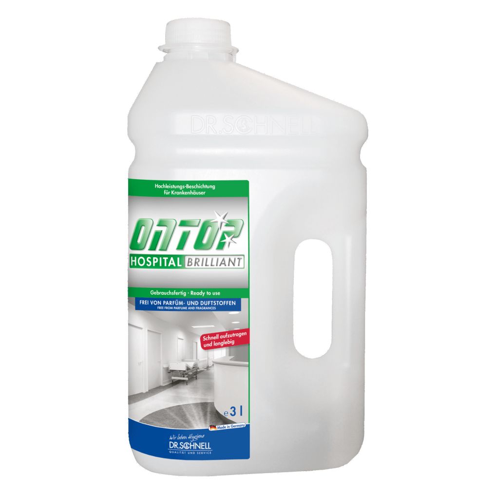 Weißer Kanister mit grünem Etikett. Aufschrift: ONTOP HOSPITAL BRILLIANT. 3l. Griff. DR.SCHNELL Logo.
