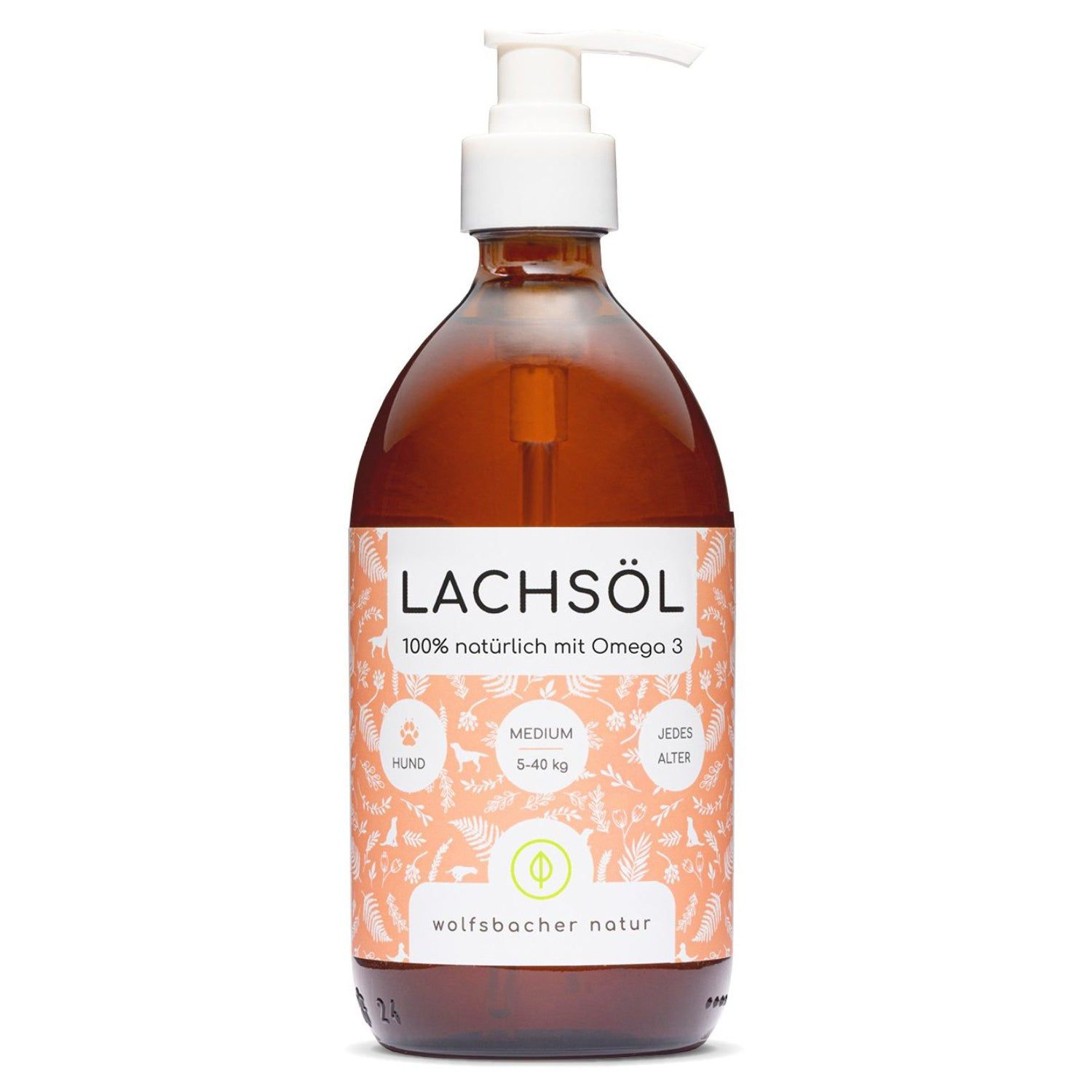 Braune Flasche mit weißem Pumpverschluss. Aufschrift: Lachsöl, 100% natürlich mit Omega 3. Floralmuster.