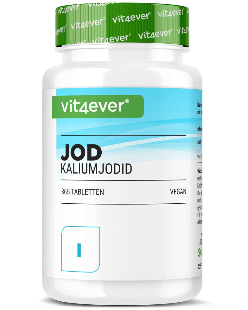 Weiße Flasche mit grünem Deckel, Aufschrift "vit4ever Jod Kaliumjodid". Enthält 365 Tabletten. Vegan.