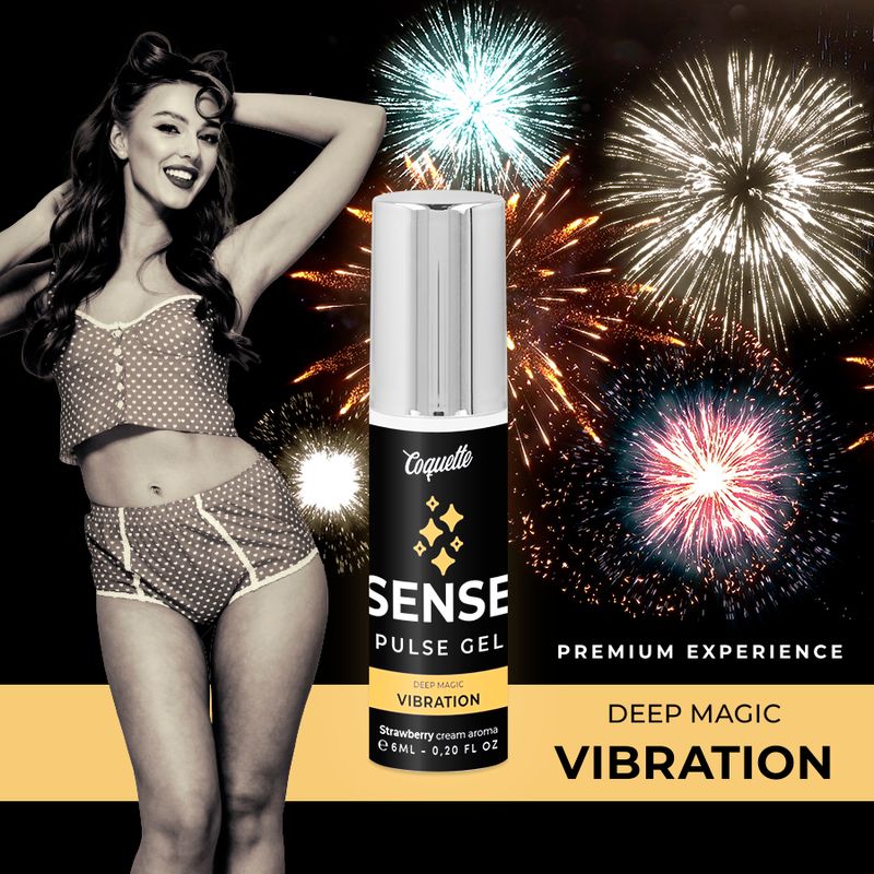 Sense Pulse Gel Flasche vor einem Feuerwerk-Hintergrund. Die Flasche hat ein Etikett mit Strawberry Cream Aroma.
