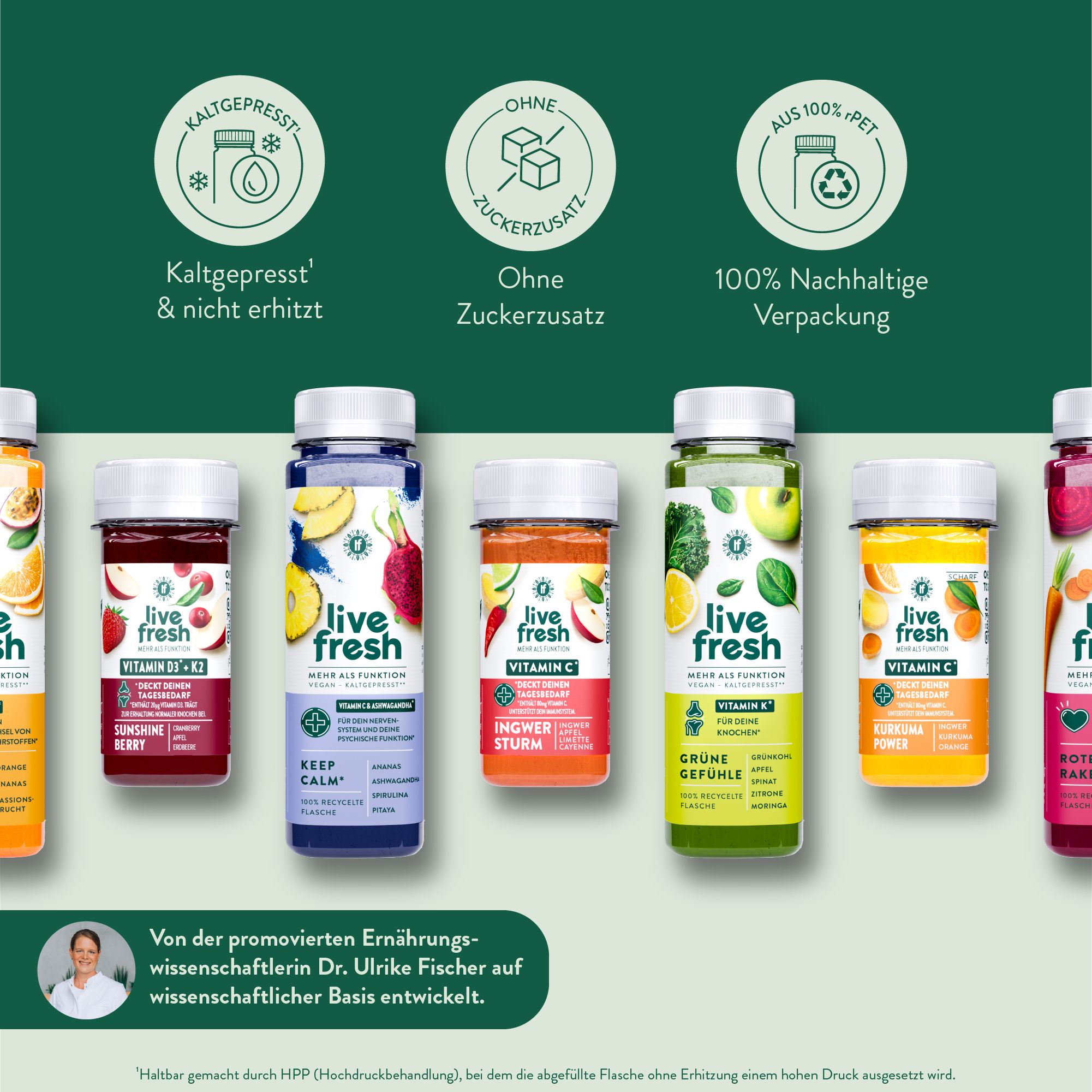 LiveFresh Saftkur Flaschen. Kaltgepresst, ohne Zuckerzusatz, 100% nachhaltige Verpackung. Verschiedene Geschmacksrichtungen. Entwickelt von Dr. Ulrike Fischer.