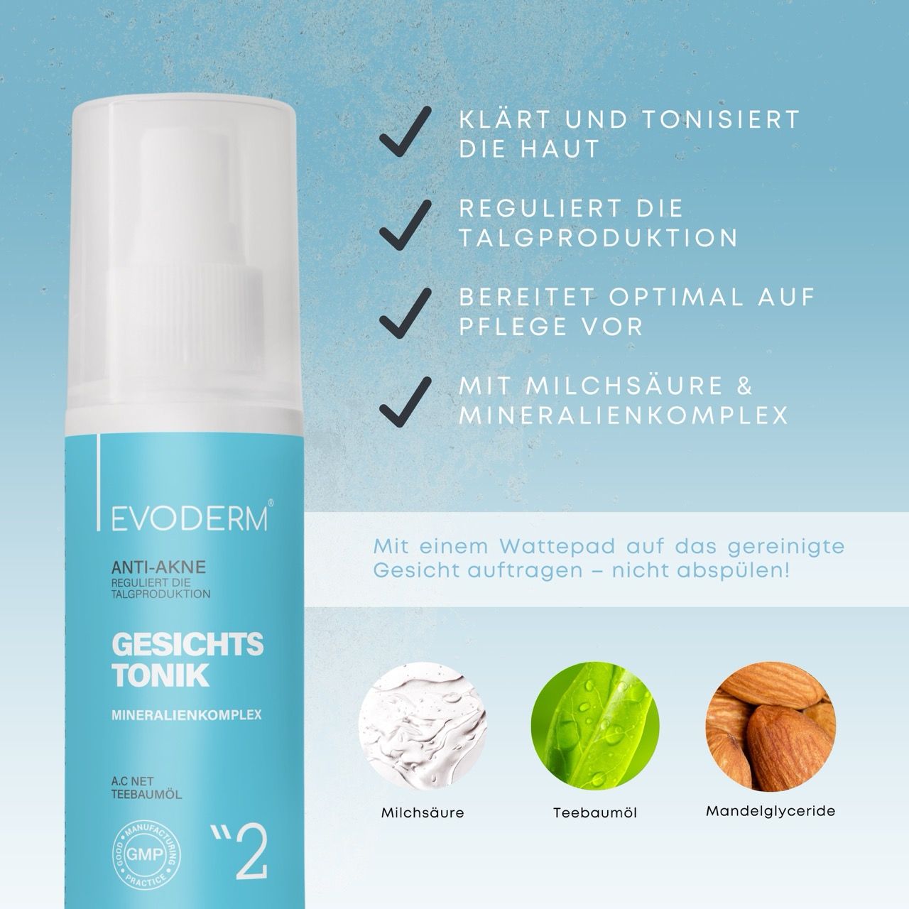 Blauer Toner mit Sprühkopf. Text: Gesichts Tonik, Mineralienkomplex. Inhaltsstoffe: Milchsäure, Teebaumöl, Mandelglyceride.