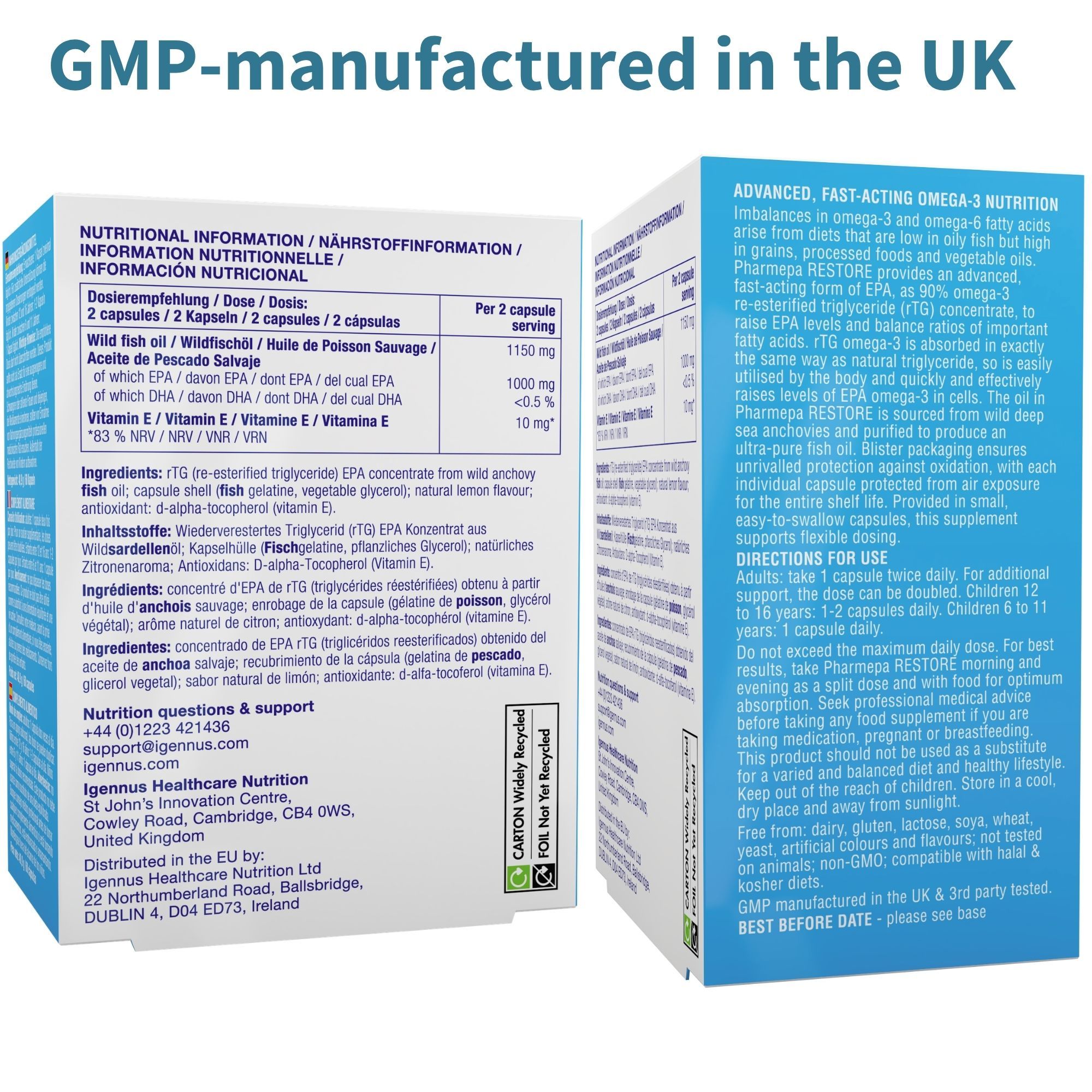 Igennus PharmEPA RESTORE: Rück- und Seitenansicht der Produktverpackung mit Nährwertangaben.