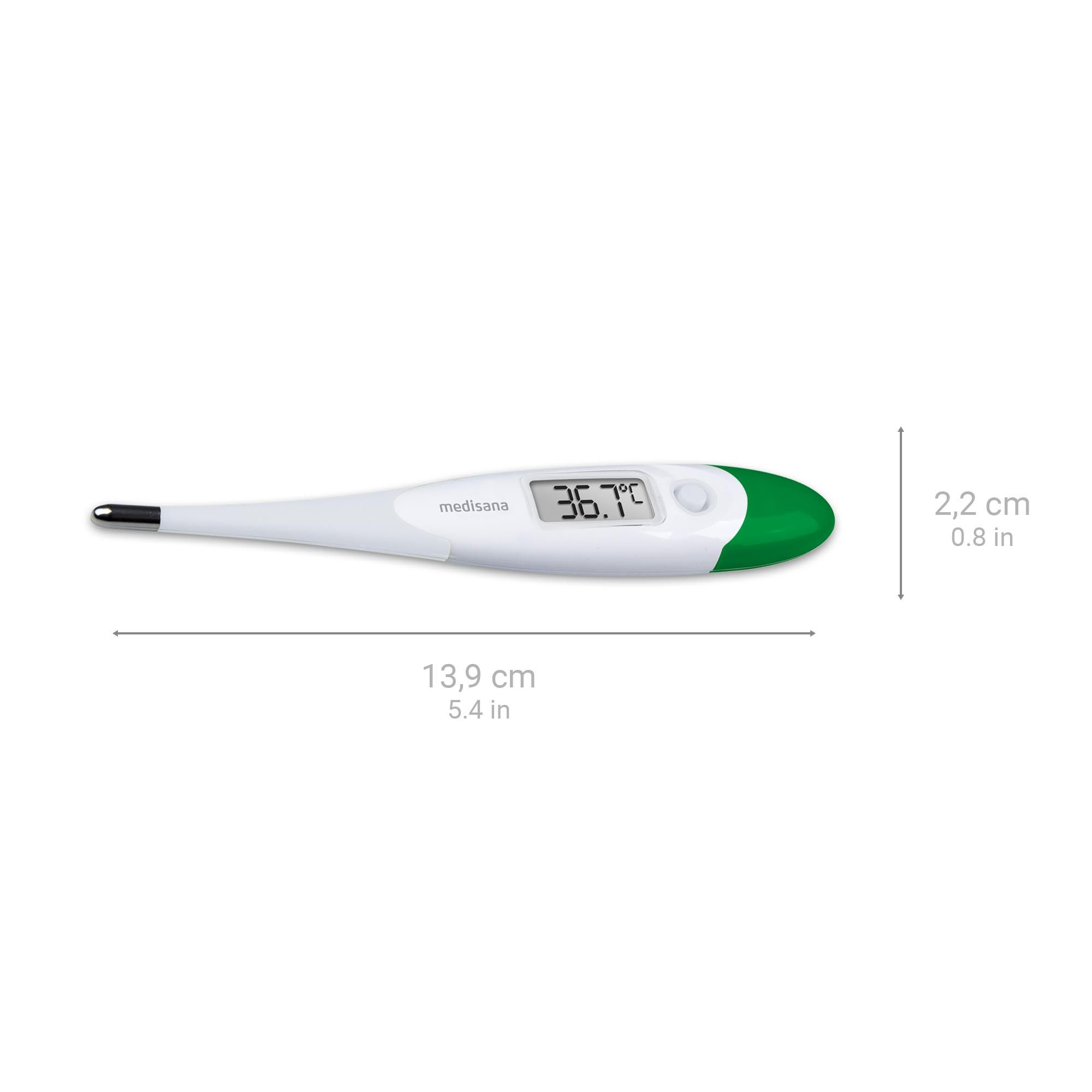 Digitales Fieberthermometer, 13,9 cm lang, 2,2 cm breit, mit weißem Gehäuse und grüner Kappe.