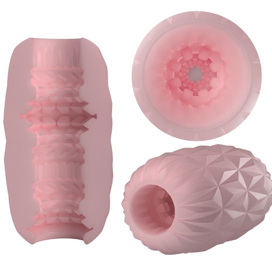 Rosa Produkt, Ansichten: Schnitt, Draufsicht und Seitenansicht. Geometrische Musterung, strukturierte Innenfläche.