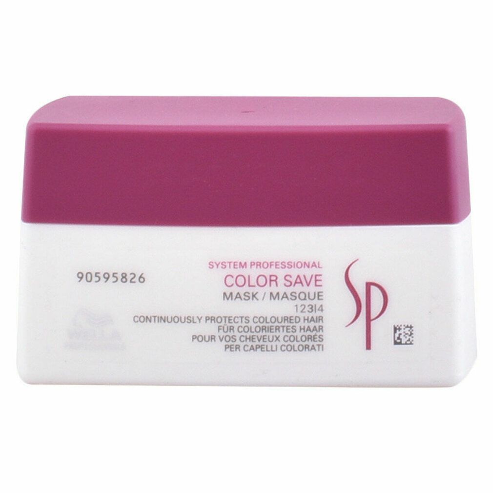 Weiß-lila Dose. Aufschrift: Color Save Mask. System Professional. Text in Englisch, Französisch, Deutsch und Italienisch. SP-Logo.