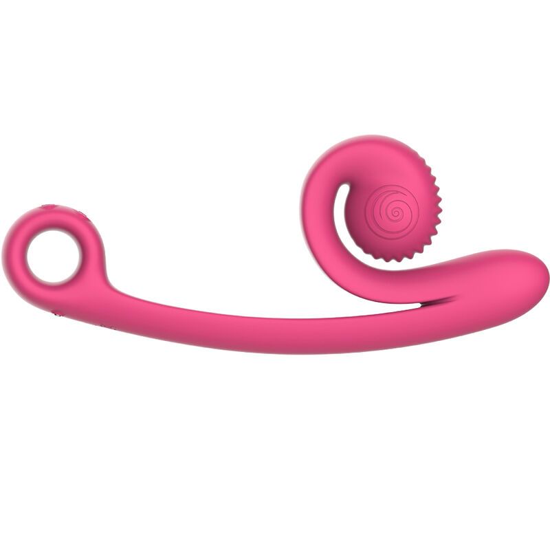 Rosa Vibrator mit spiralförmigem Kopf und Ring. Oberfläche mit Rillen und erhabenen Punkten.