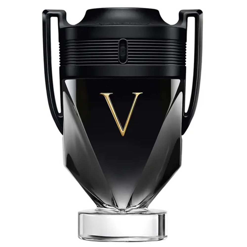 Schwarzer Flakon mit goldener "V"-Markierung. Schwarzer Deckel und transparente Basis.