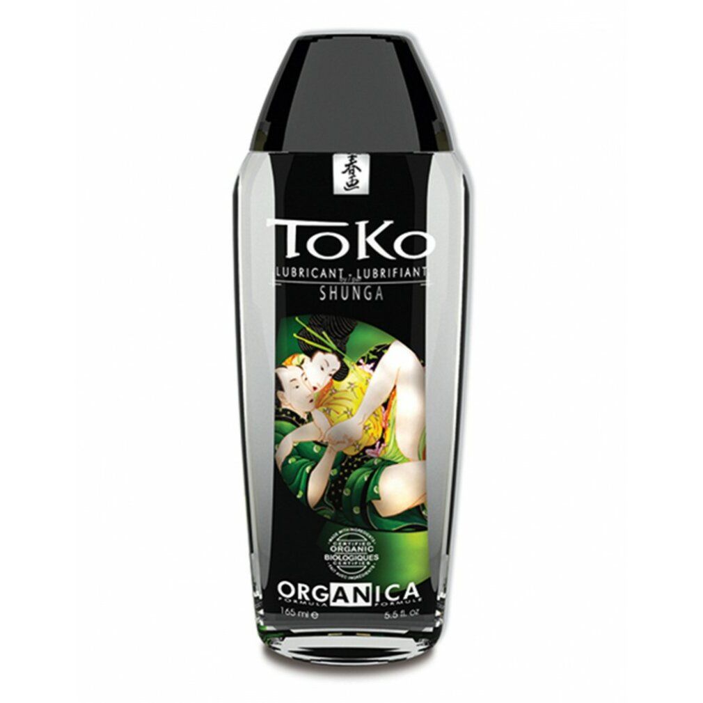 Toko Organica Shunga Gleitmittel in transparenter Flasche mit schwarzem Verschluss. Etikett mit asiatischem Motiv und Produktinformationen.