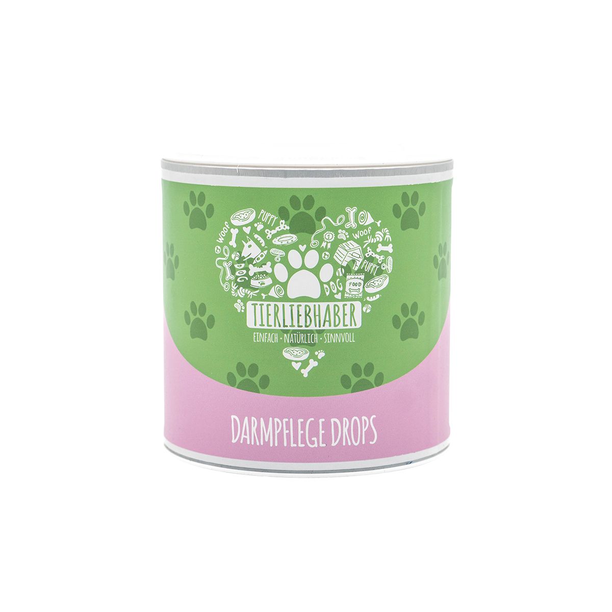 Zylindrische Dose mit grünem und rosa Etikett. Aufschrift: Tierliebhaber Darmpflege Drops. Pfoten- und Lebensmittel-Illustrationen.