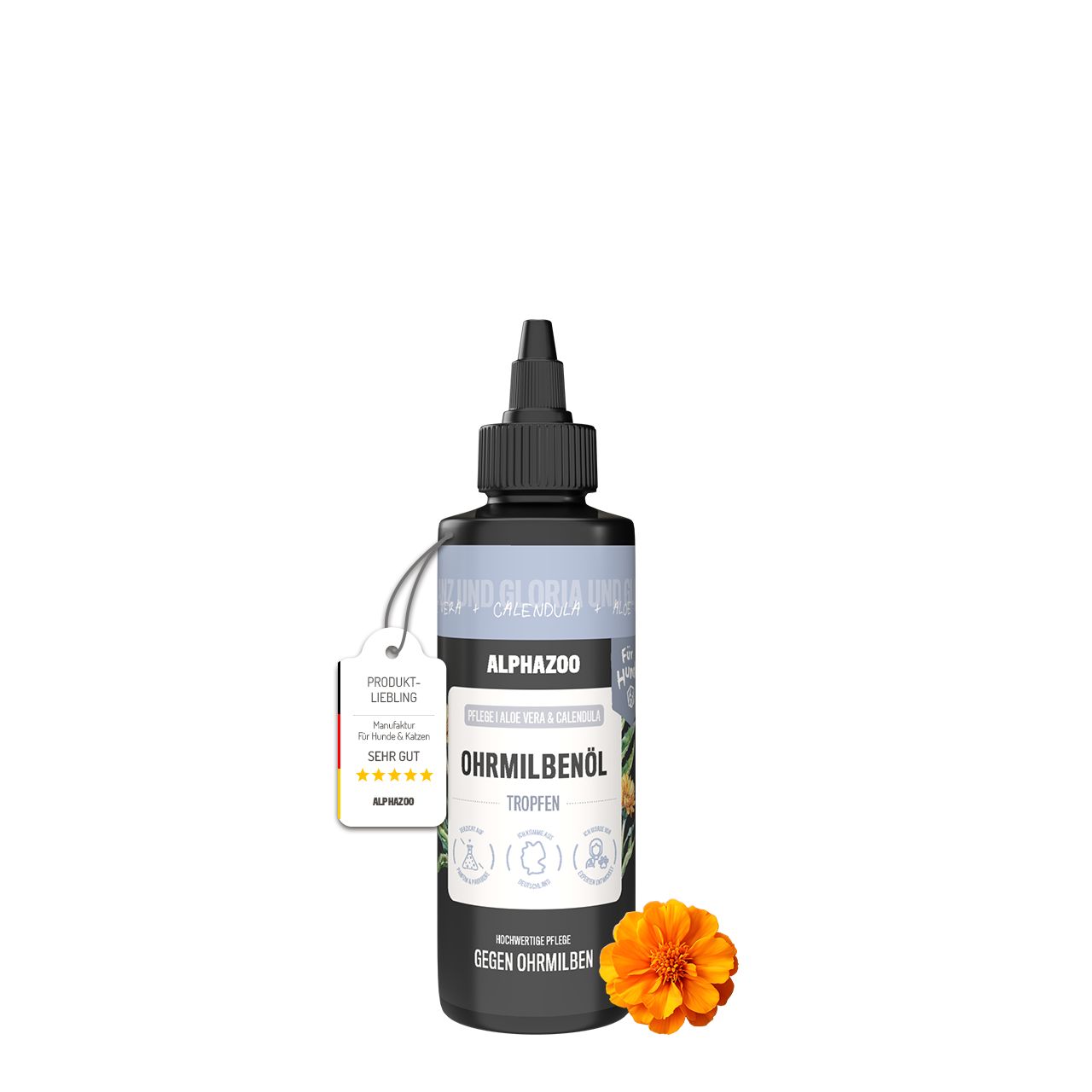 Schwarze Flasche mit Tropfverschluss. Anhänger mit Produktbewertung. Orangefarbene Blüte.