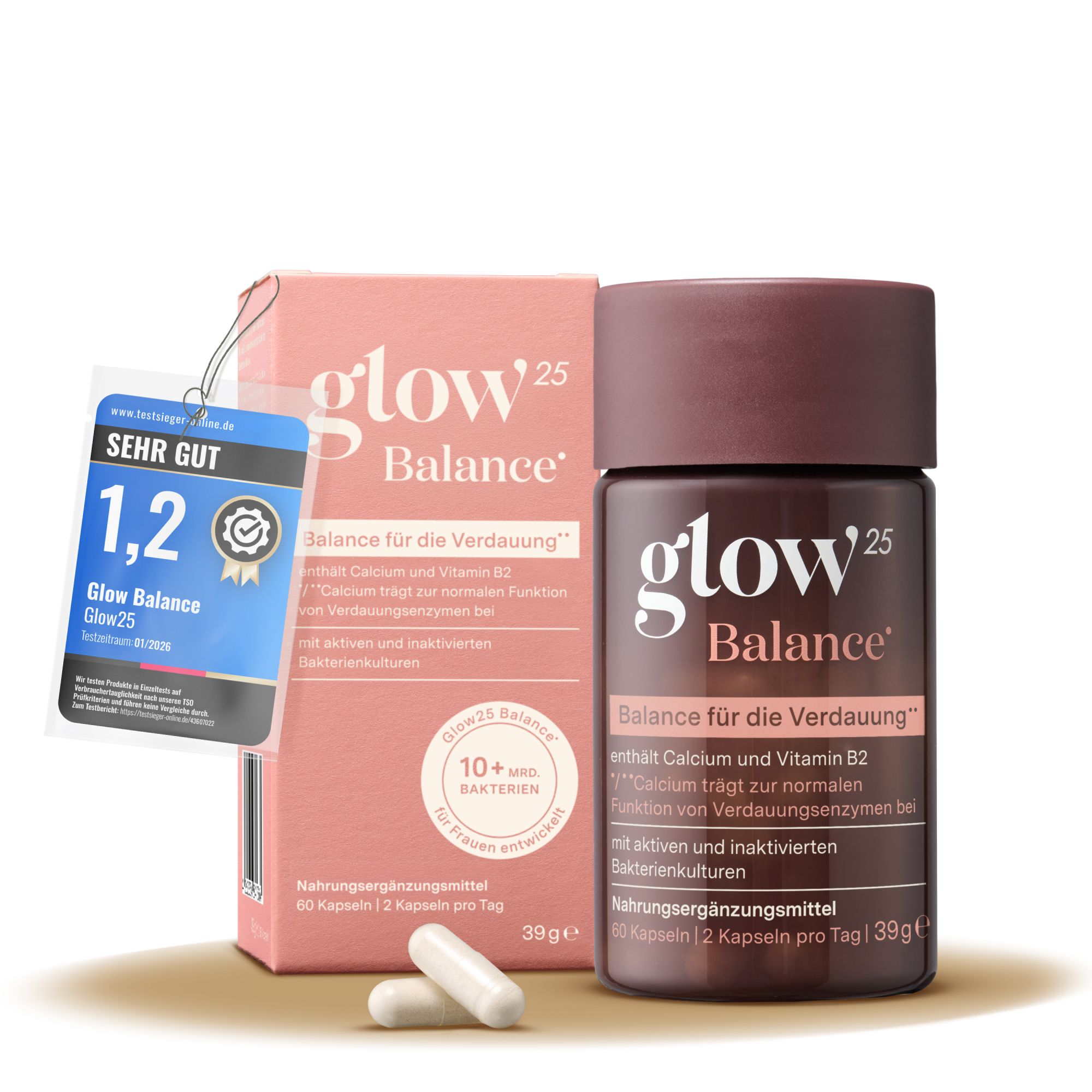 Glow25 Balance Dose und Karton mit Bewertungssiegel. Enthält Calcium und Vitamin B2 für die Verdauung.