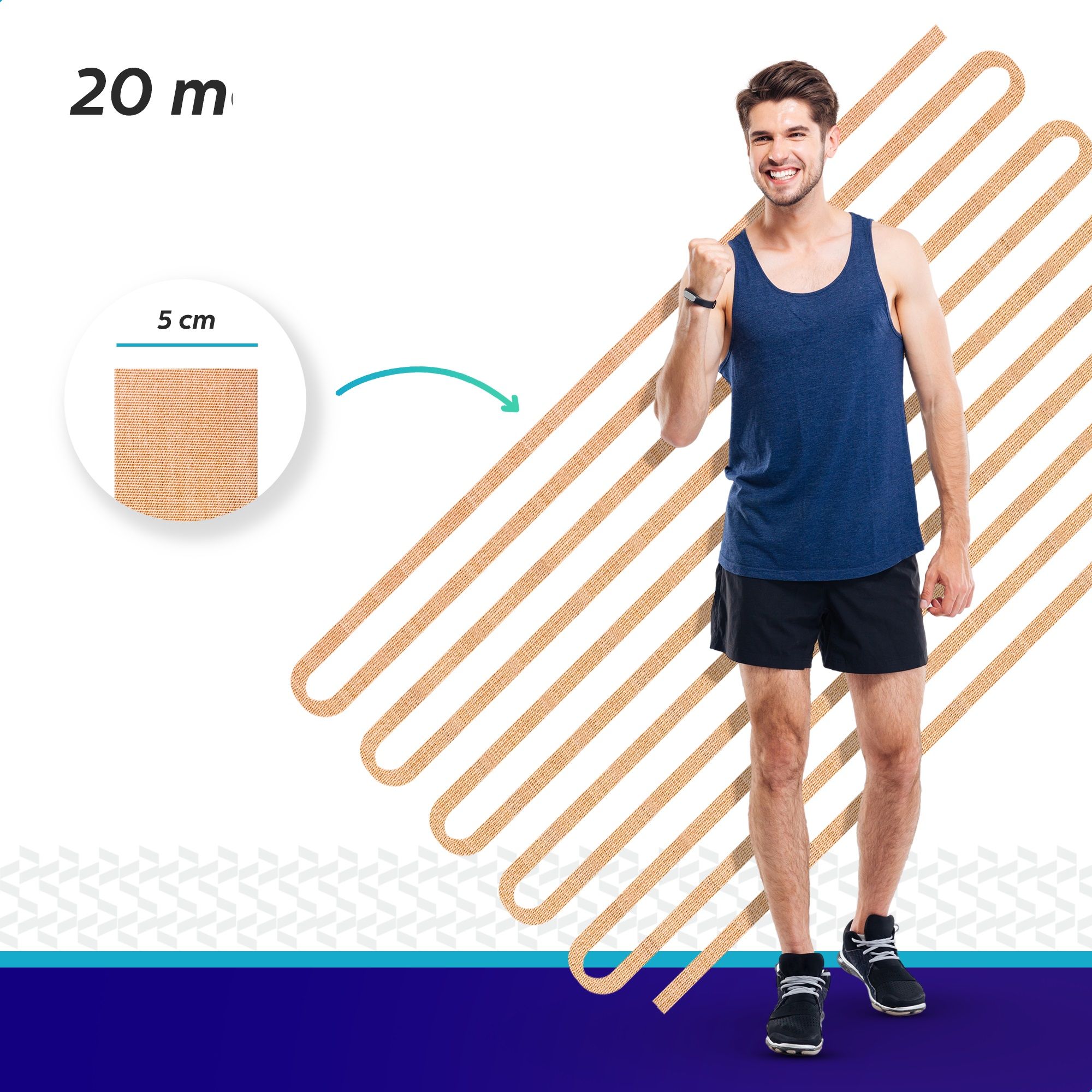 Mann mit Kinesiotape-Anwendung. Maßangabe 5 cm. Schriftzug 20 m.