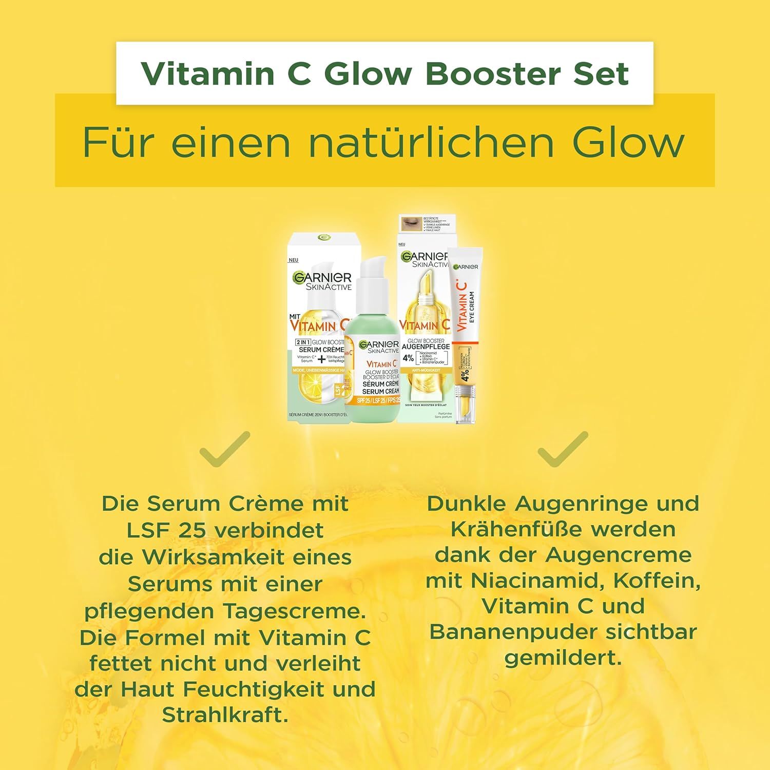Gelber Hintergrund mit Text: Vitamin C Glow Booster Set. Text über Serum Crème und Augencreme. Produktabbildungen im Hintergrund.