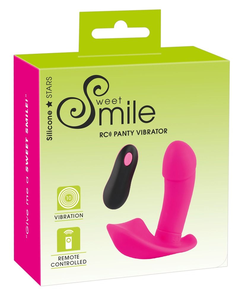 Verpackung: Sweet Smile RC Panty Vibrator. Enthält Vibrator, Fernbedienung.