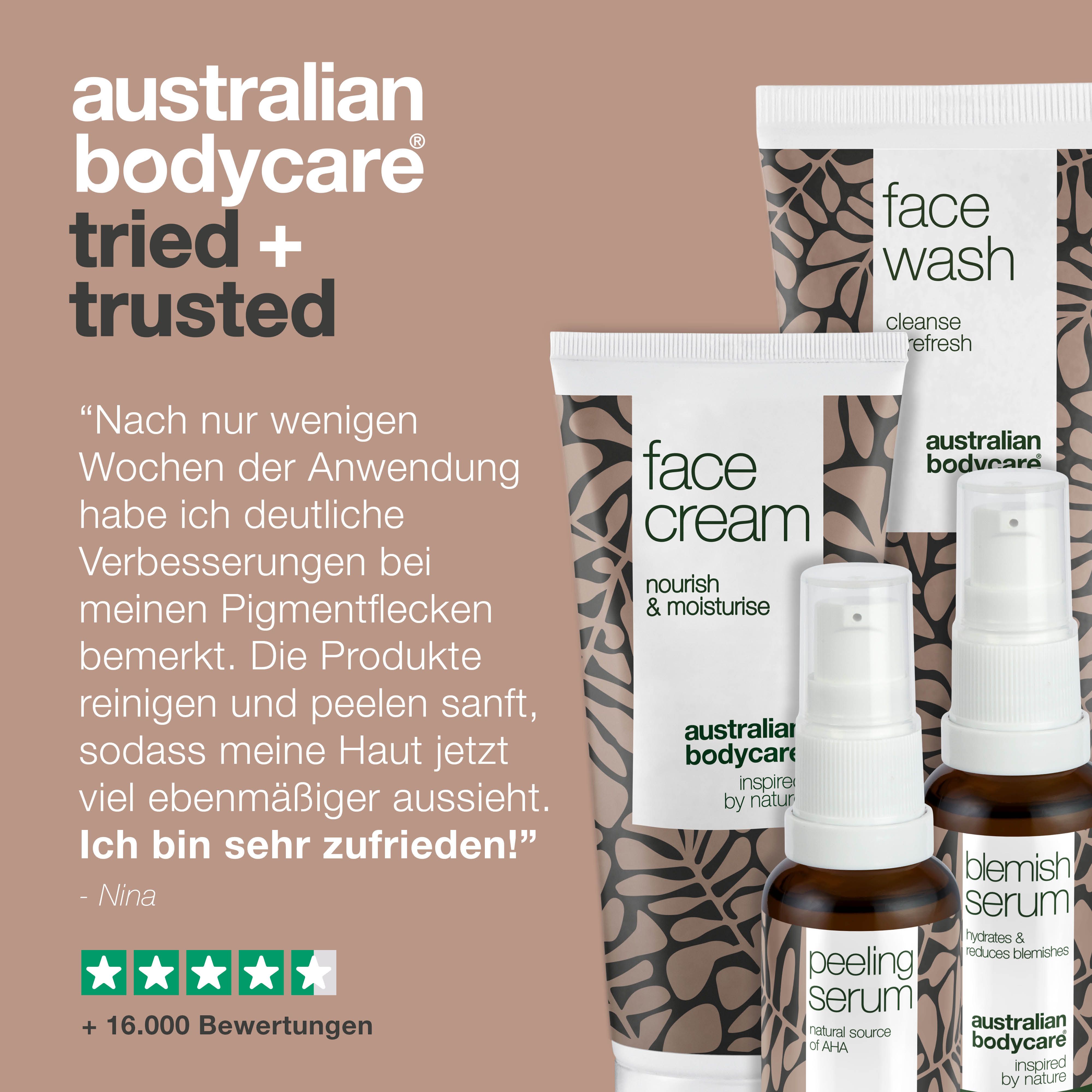 Face Wash, Face Cream, Peeling Serum und Blemish Serum. Text: Australian Bodycare. Zitate und Sterne.