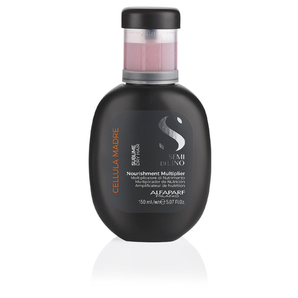 Schwarze Flasche mit rosa Flüssigkeit. Aufschrift: Semi Di Lino, Nourishment Multiplier, Alfaparf Milano. 50 ml.