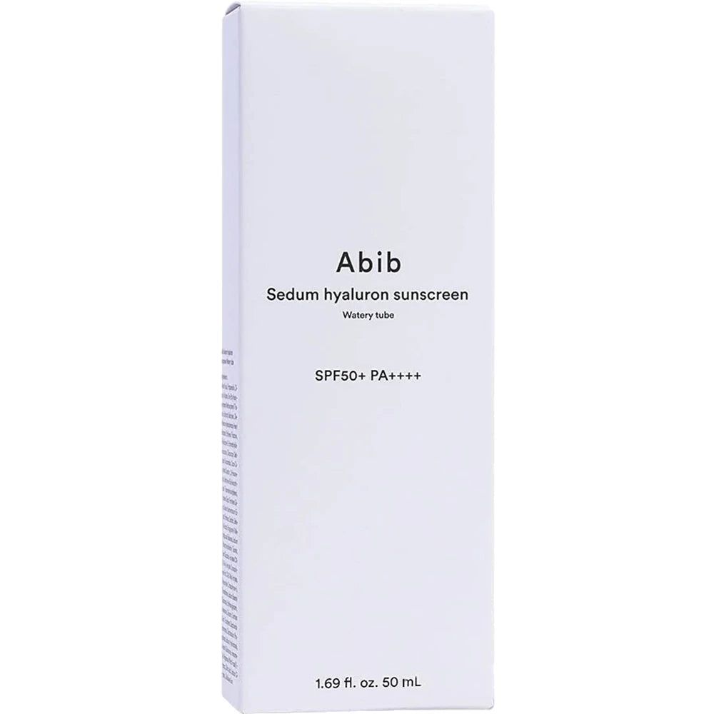Verpackung von Abib Sedum Hyaluron Sonnenschutzcreme. Weißer Karton mit schwarzem Aufdruck, SPF 50+ PA++++.