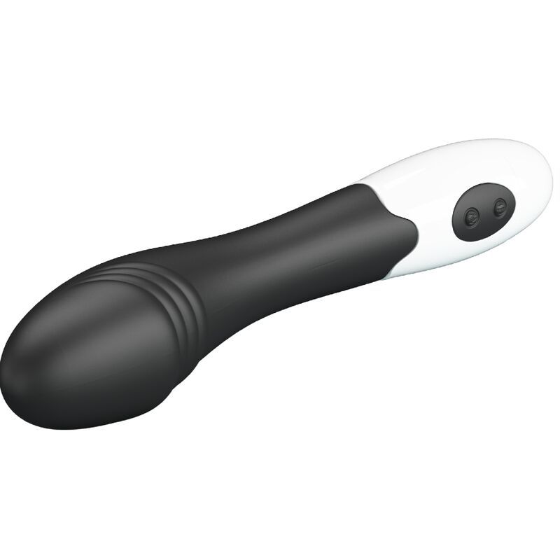 Schwarzer G-Punkt-Vibrator mit weißem Griff und zwei Bedientasten.