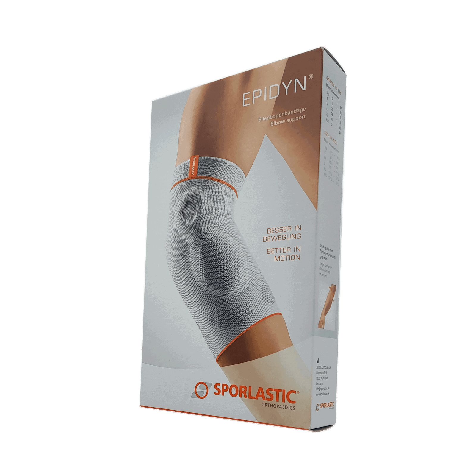 Verpackung mit Ellbogenbandage. Produktname: Epidyn. Marke: Sporlastic. Bandage am Arm abgebildet. Text: Besser in Bewegung.