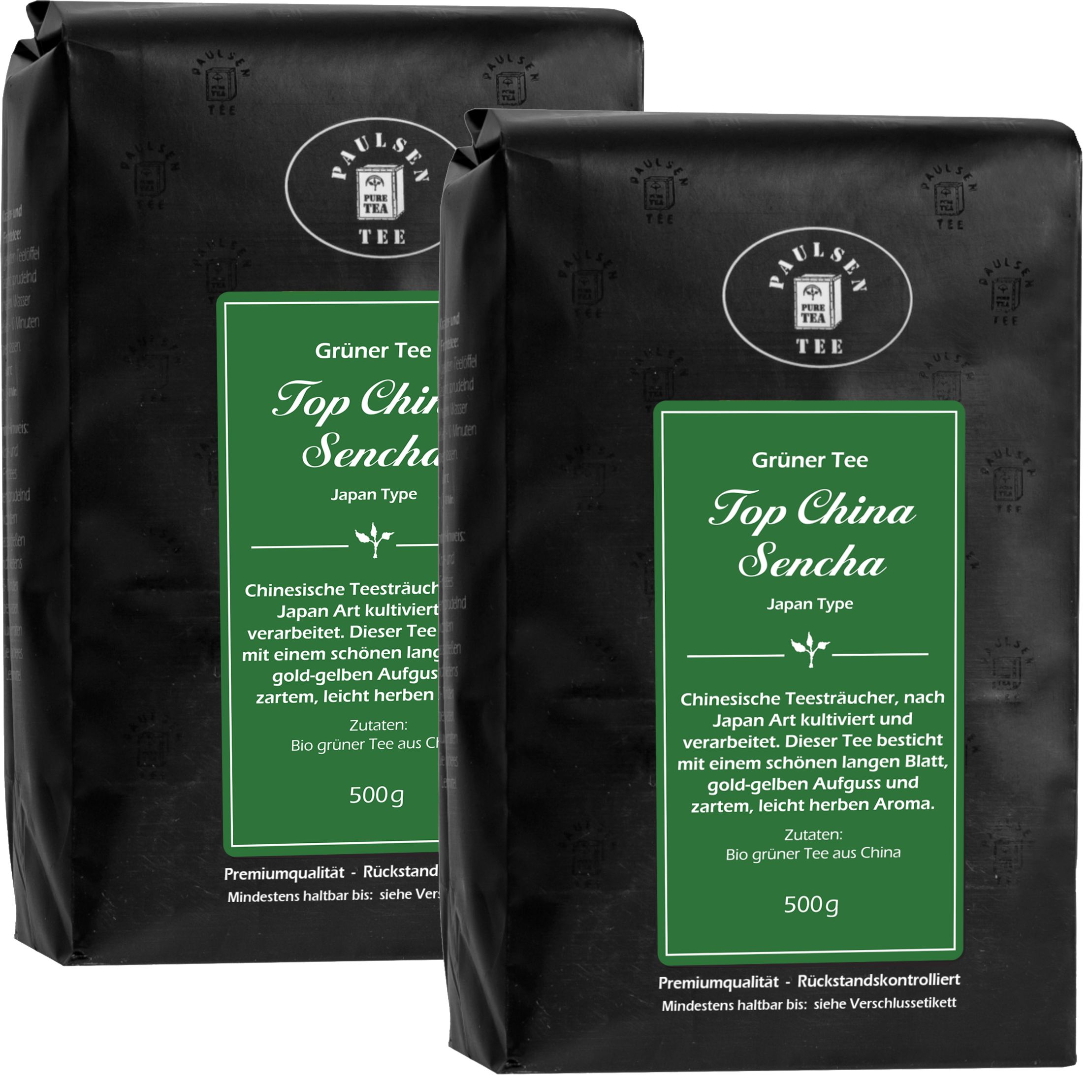 Zwei schwarze Beutel mit grünem Etikett. Aufschrift: Paulsen Tee, Grüner Tee Top China Sencha Japan Type. 500g.