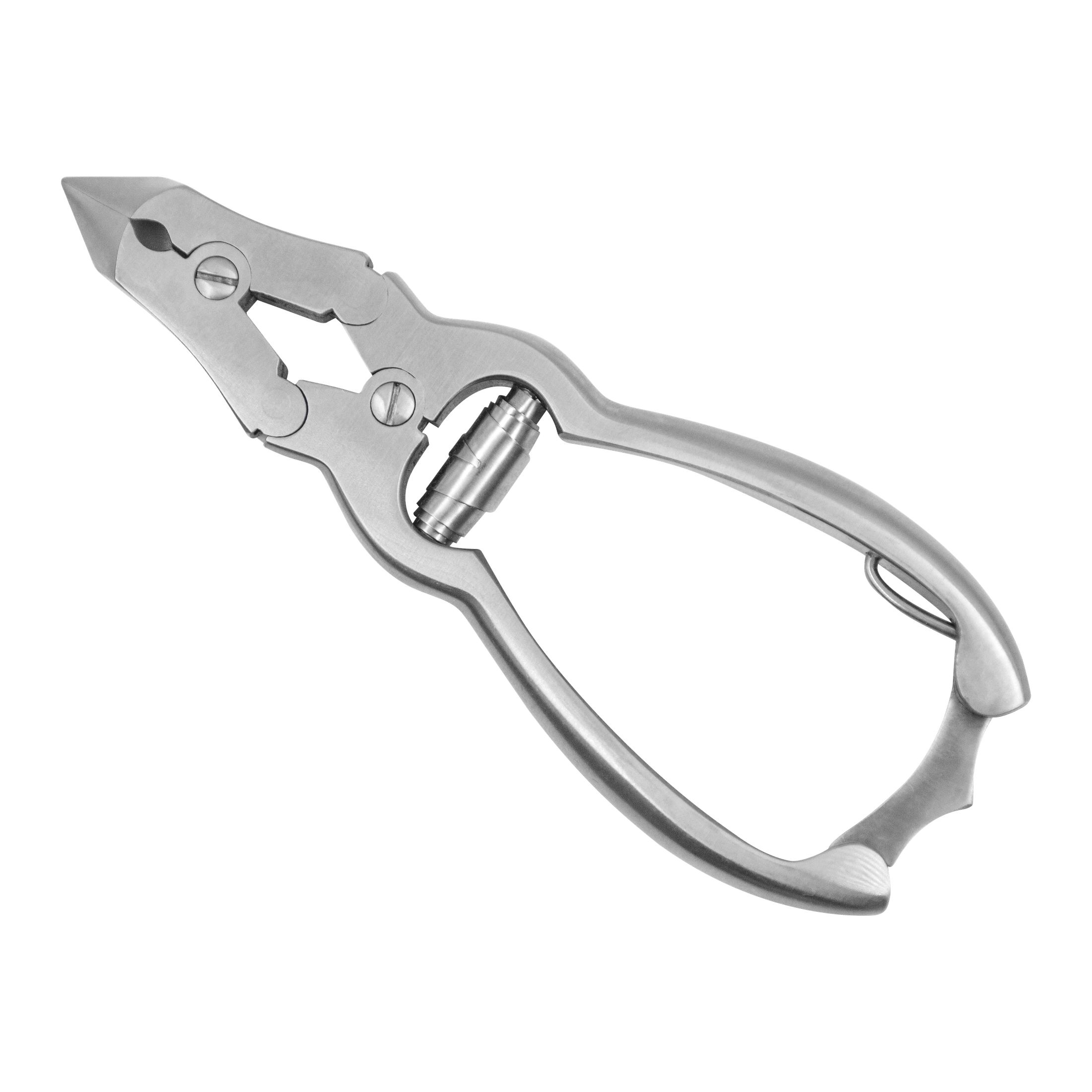 Nagelzange aus Edelstahl. Ergonomischer Griff, gebogene Schneide. Mit Schrauben befestigt.