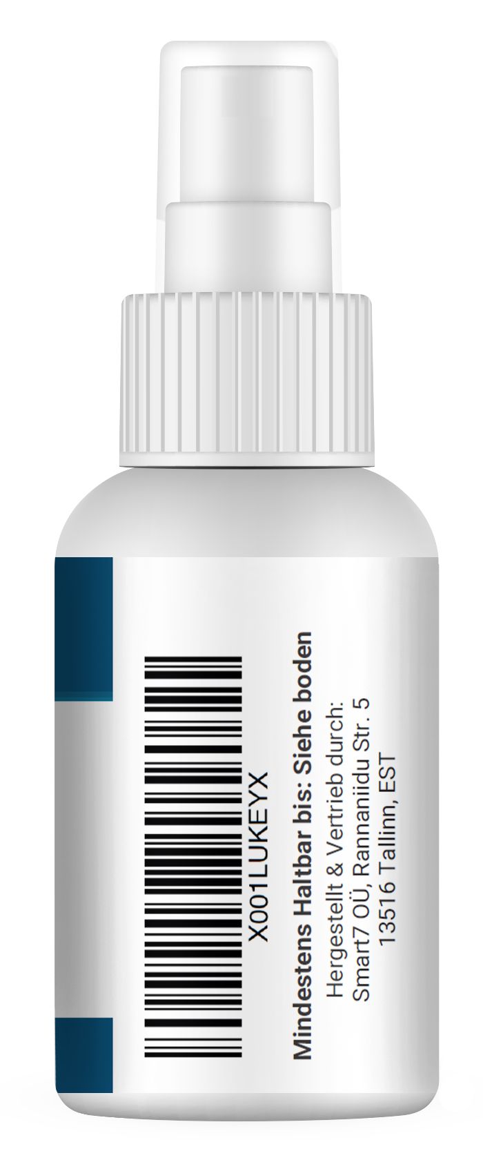 Rückseite einer weißen Sprühflasche. Barcode und Text: Mindestens haltbar bis: Siehe Boden.