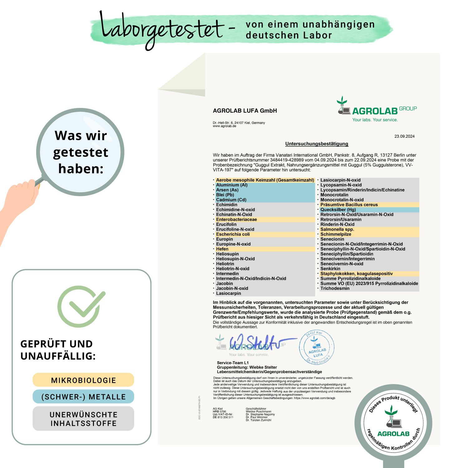 Laborbericht von Agrolab. Bericht über die Analyse von Guggul. Geprüft auf Mikroorganismen, Schwermetalle und unerwünschte Inhaltsstoffe.