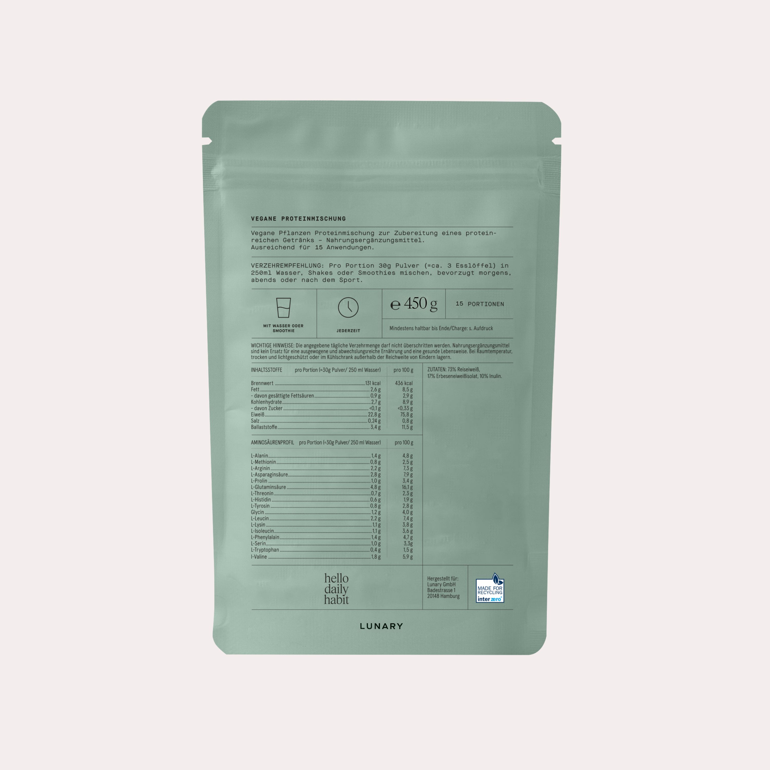 LUNARY Veganes Proteinpulver mit Inulin, 23g pro Protein pro Portion
