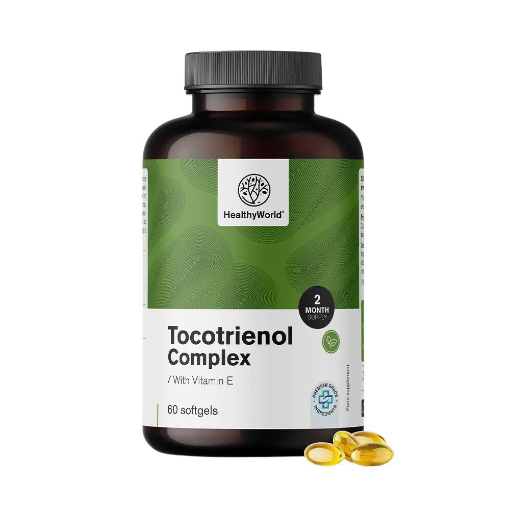 Braune Flasche mit grüner Banderole. Aufschrift: HealthyWorld, Tocotrienol Complex, 60 Softgels. Gelbe Softgels daneben.