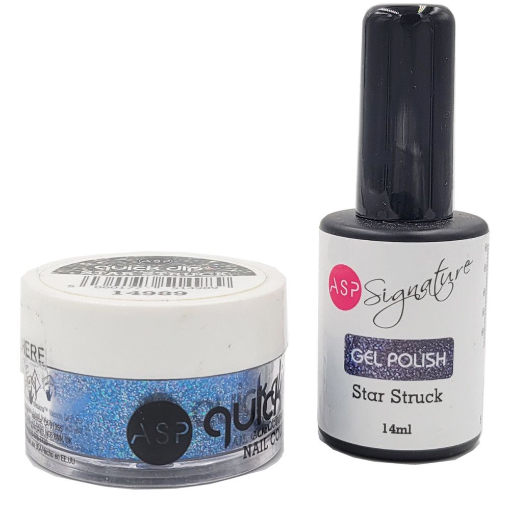 Blaues Nagelpulver in einem Tiegel und eine Flasche Gel-Nagellack. Beide Produkte tragen die Marke ASP.