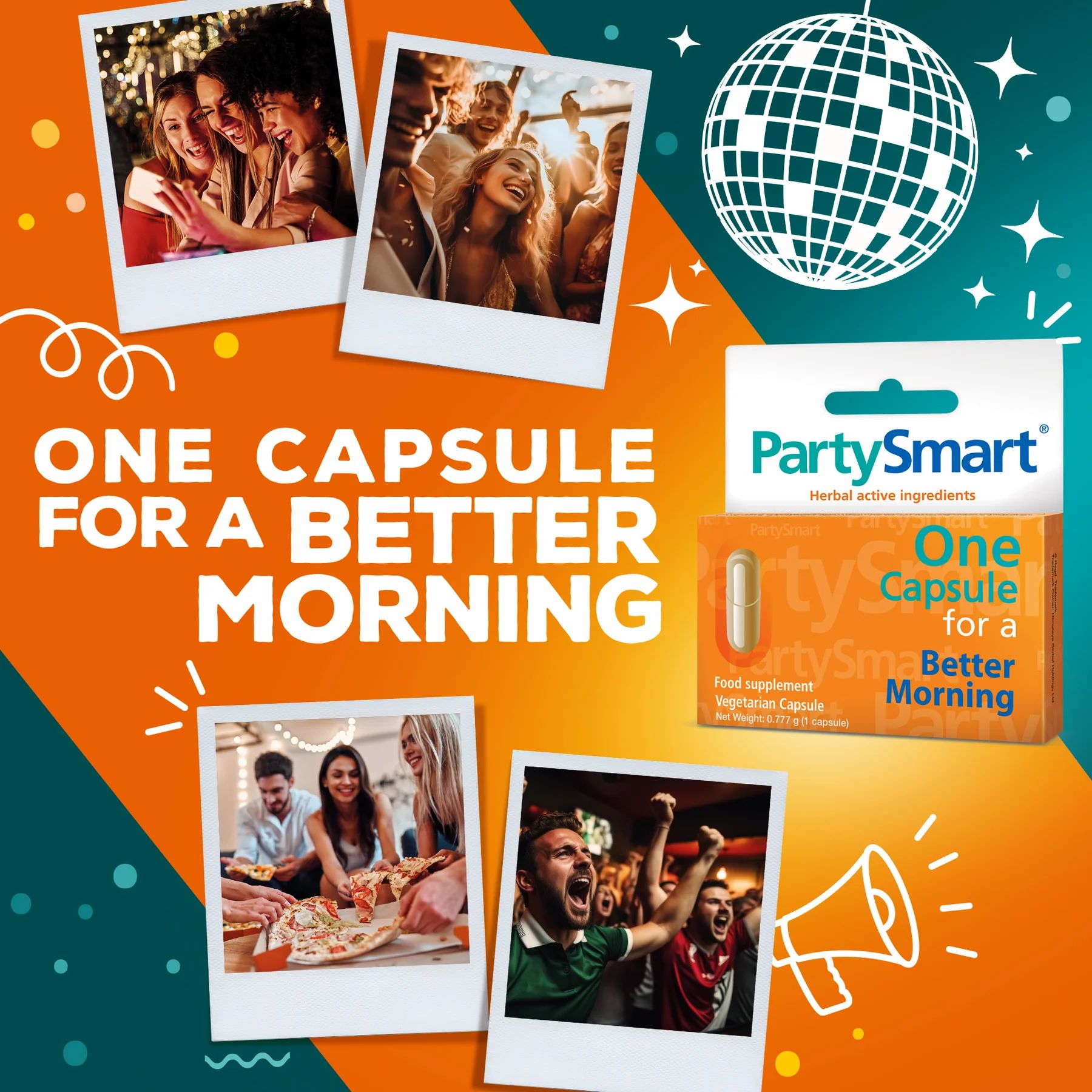 Himalaya Partysmart-Verpackung mit einer Kapsel. Text: One Capsule for a Better Morning. Bilder von Menschen, die Spaß haben.