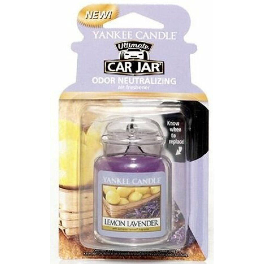 Yankee Candle Car Jar, Lemon Lavender Duft. Violettes Glas im Karton. "NEW" und "Odor Neutralizing" Text.