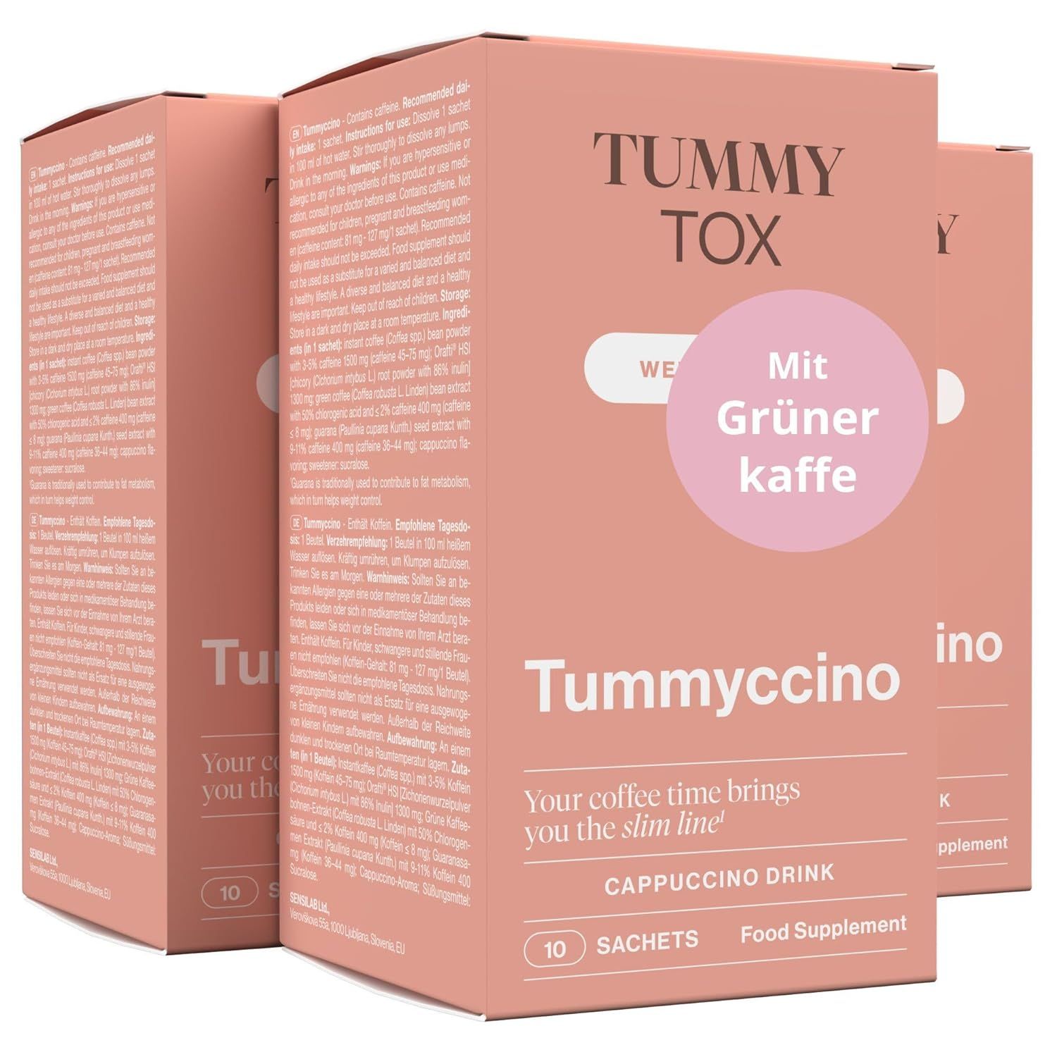 Drei rosa Kartons von Tummy Tox Tummyccino. Aufdruck: Mit Grüner Kaffee, 10 Sachets, Cappuccino Drink.