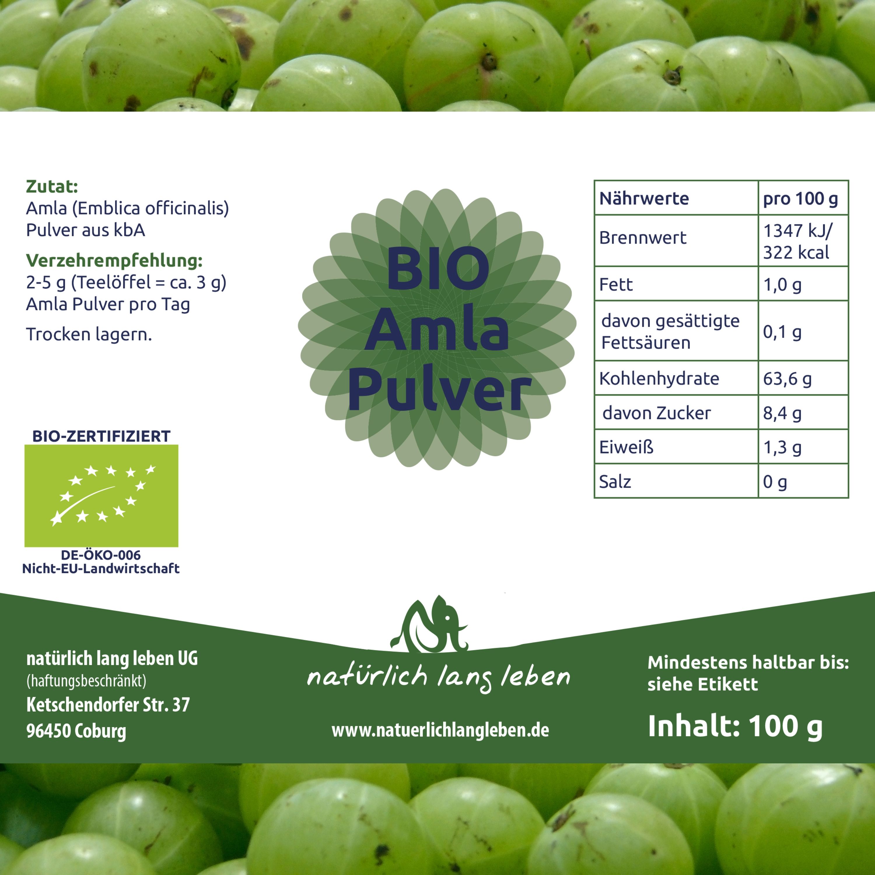 Etikett mit Nährwertangaben und Zutatenliste. BIO Amla Pulver, BIO-ZERTIFIZIERT. Hintergrund mit Amla-Früchten.