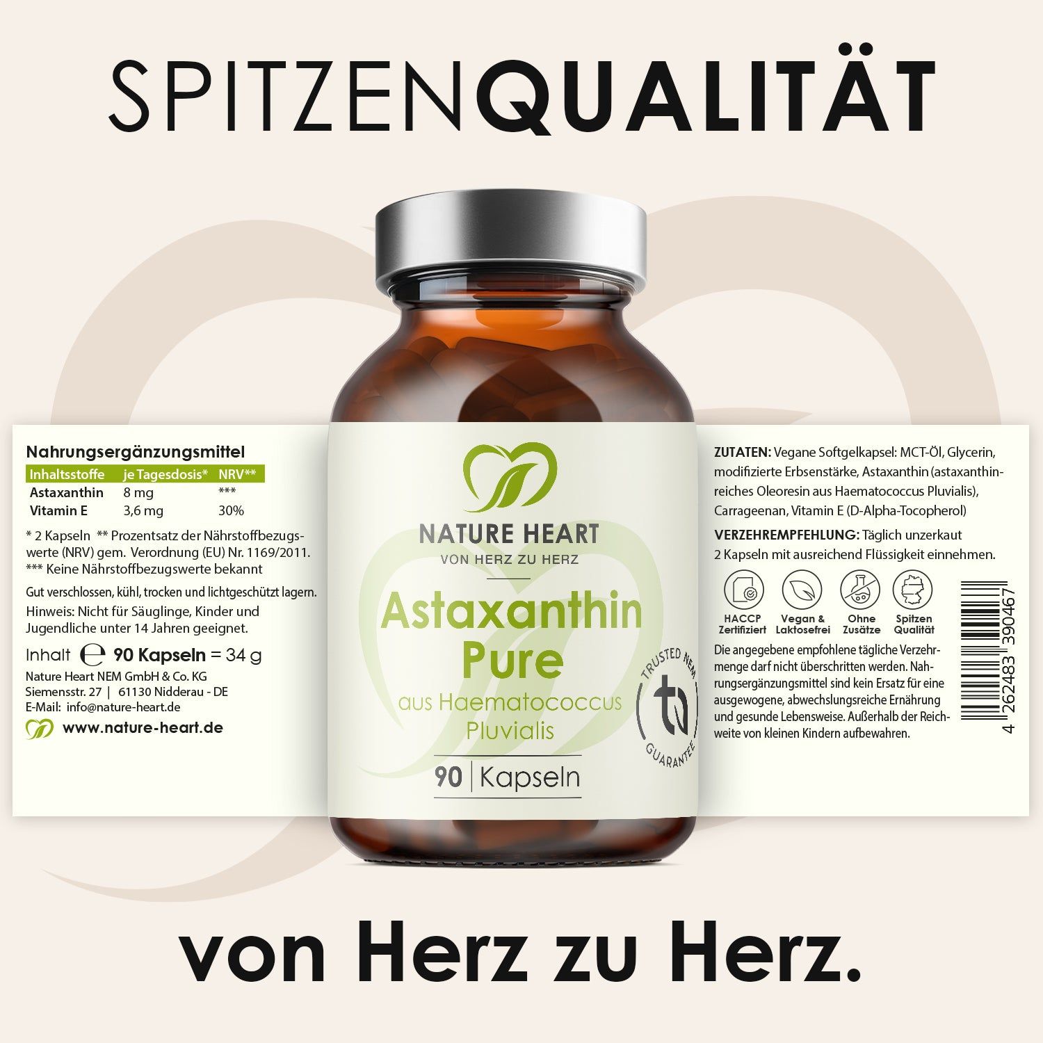 Etikett mit Produktinformationen auf einer Flasche Astaxanthin Pure. Aufschrift: Nature Heart, 90 Kapseln. Inhaltsstoffe und Verzehrempfehlung.